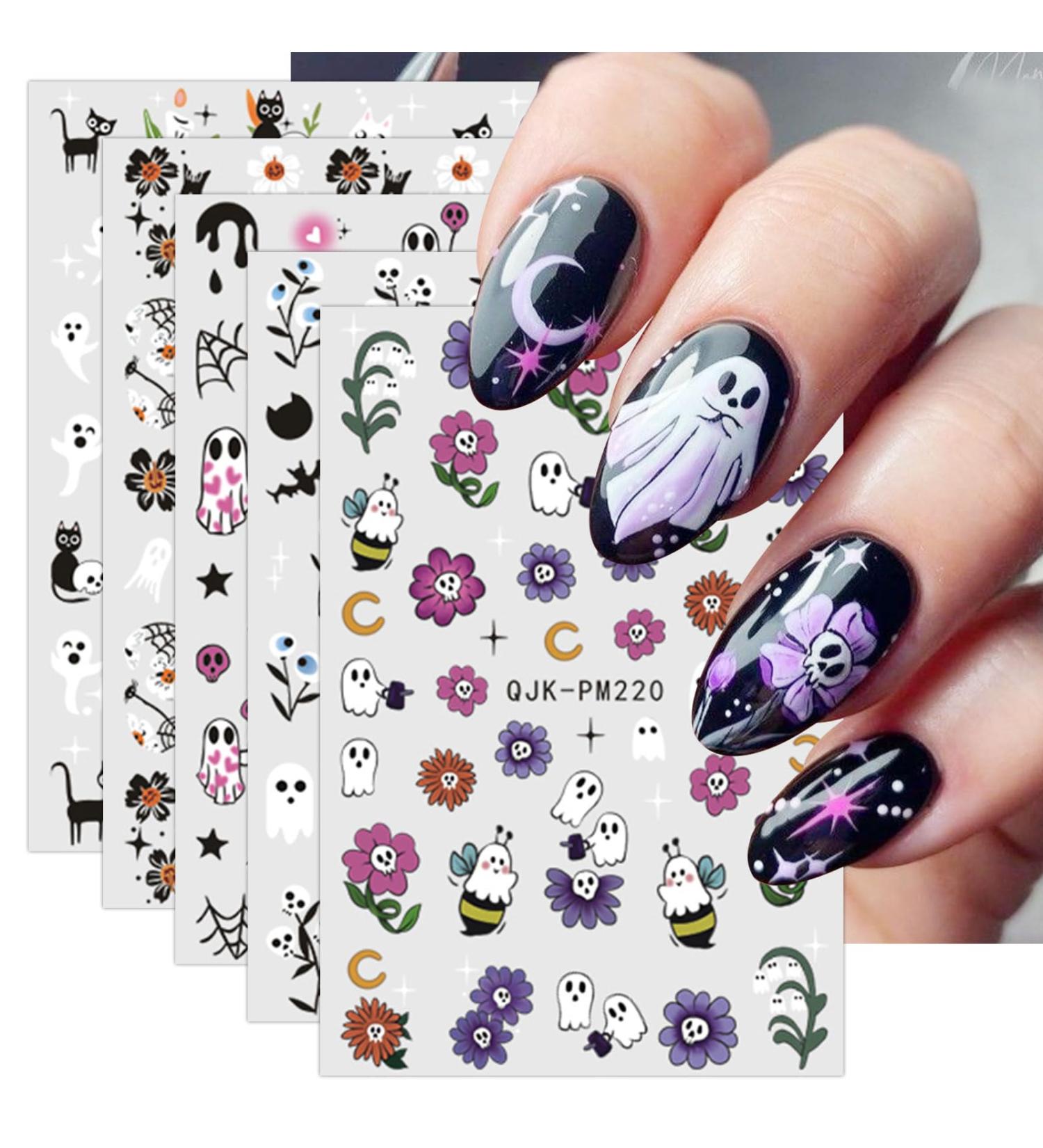 JMEOWIO Halloween Nail Art Stickers - 9 Sheets of Cute Flower & Ghost Designs | Self-Adhesive Nail Decor Accessories - Buy Online on GoSupps.com