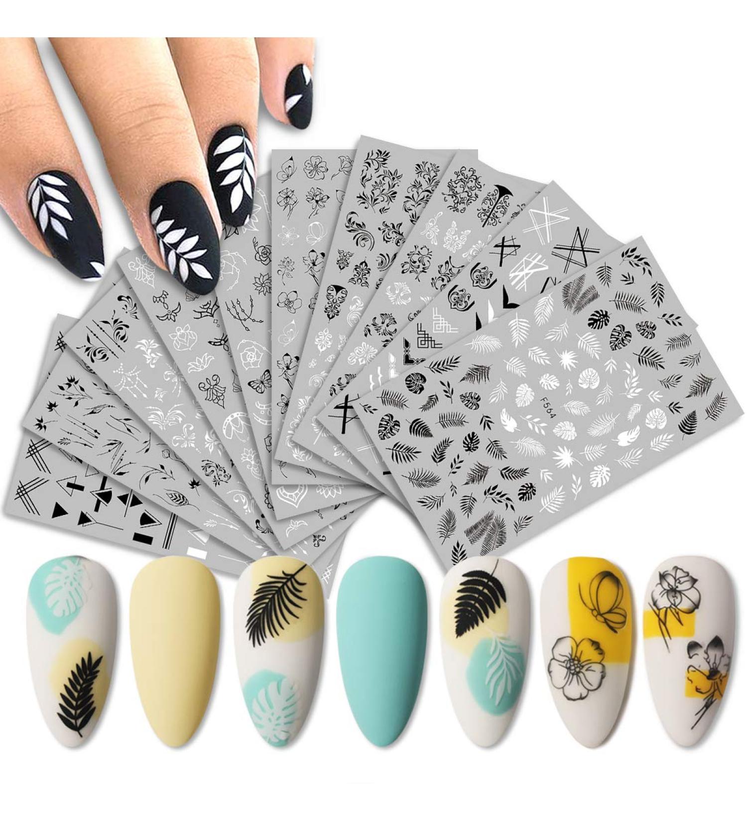 Black White Flower Palm Leaf Nail Art Stickers - 10 Sheets, Self-Adhesive Decals for Women Girls, Summer 3D Fresh Style Design - DIY Nail Accessories - Buy Online on GoSupps.com