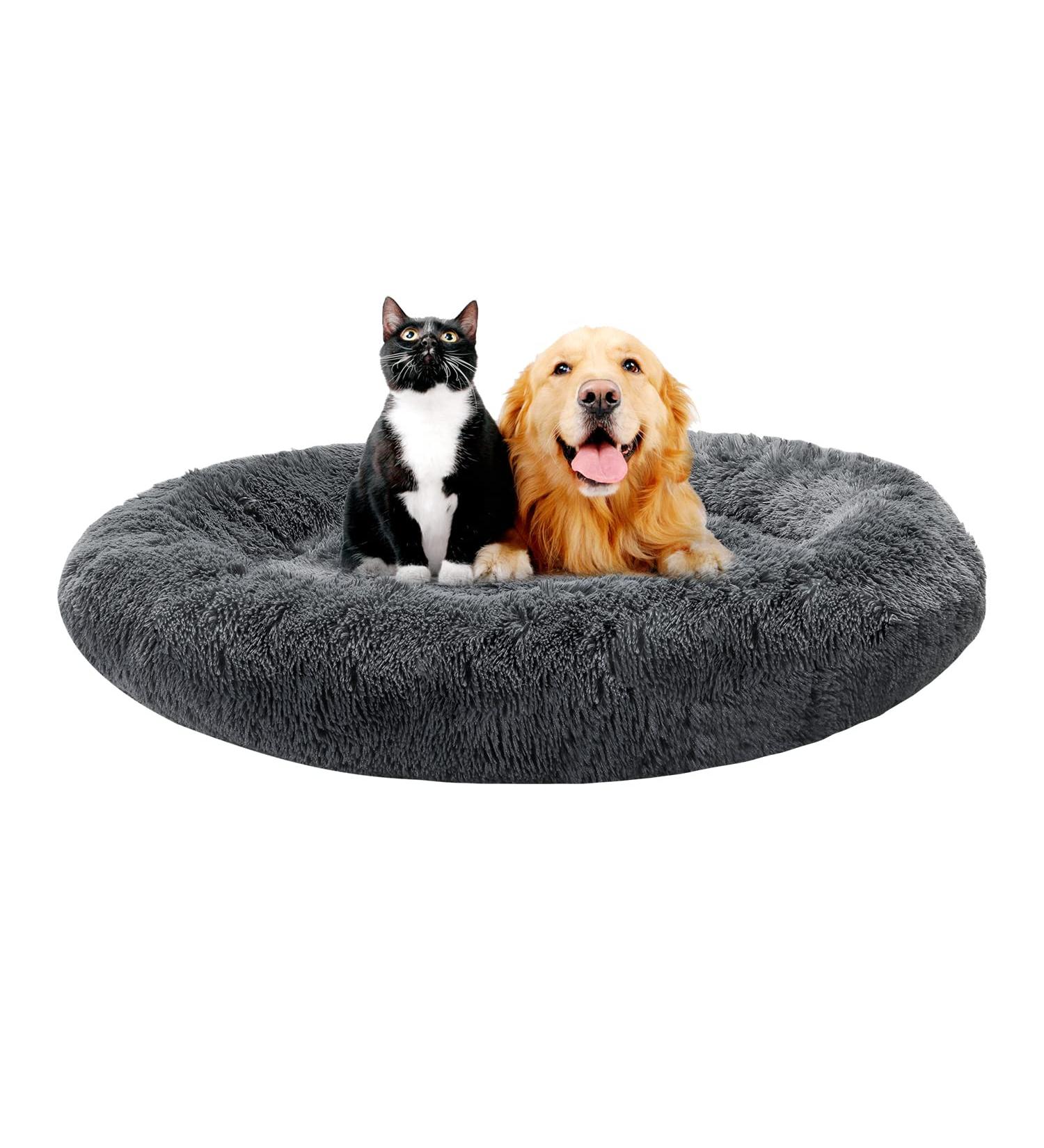 Bonteck Calming Round Donut Dog Bed - Machine Washable Anti-Slip Fluffy Cuddler Cat Bed - Multiple Sizes (S-XL) - Dark Grey - Buy Online on GoSupps.com