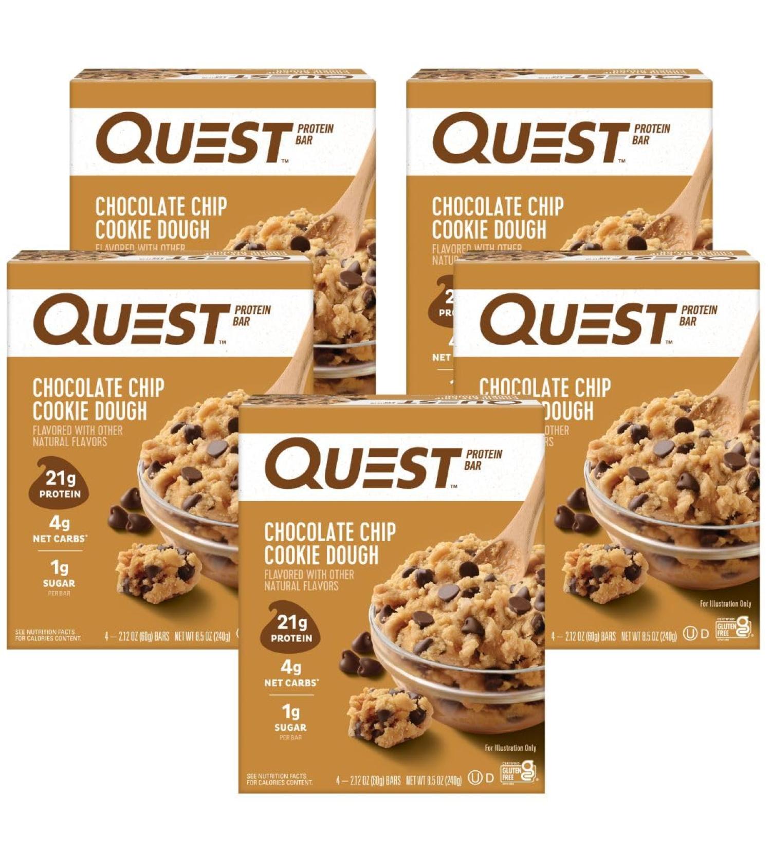 Quest Nutrition Chocolate Chip Cookie Dough - High Protein Low Carb Gluten Free Keto Friendly 2.12 Oz 4 Count (Pack of 5) - Buy Online on GoSupps.com