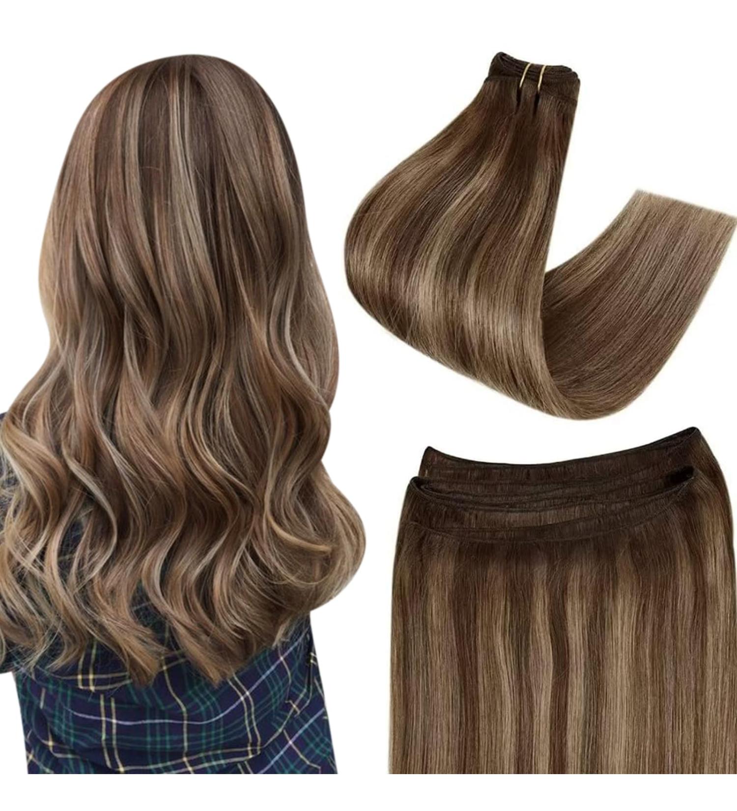 Easyouth Brown Highlight Sew in Human Hair Extensions - 12 Inch Double Weft, 70g - Brown and Blonde Highlight #4P27 - Buy Online on GoSupps.com