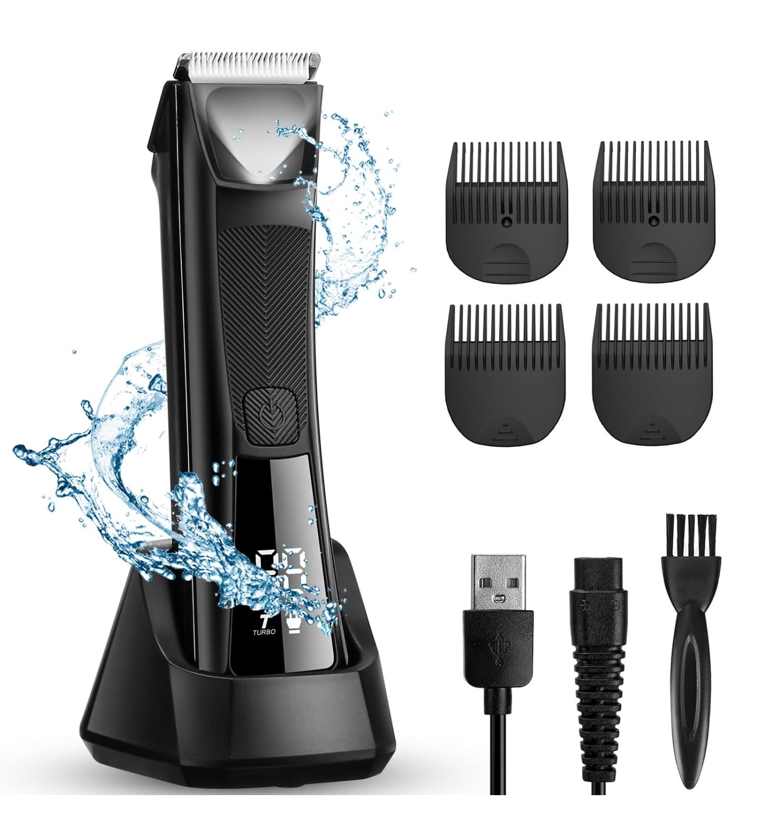 Men's Body Hair Trimmer - IPX7 Waterproof, LED Light, Power Display, Replaceable Ceramic Blades - Buy Online on GoSupps.com