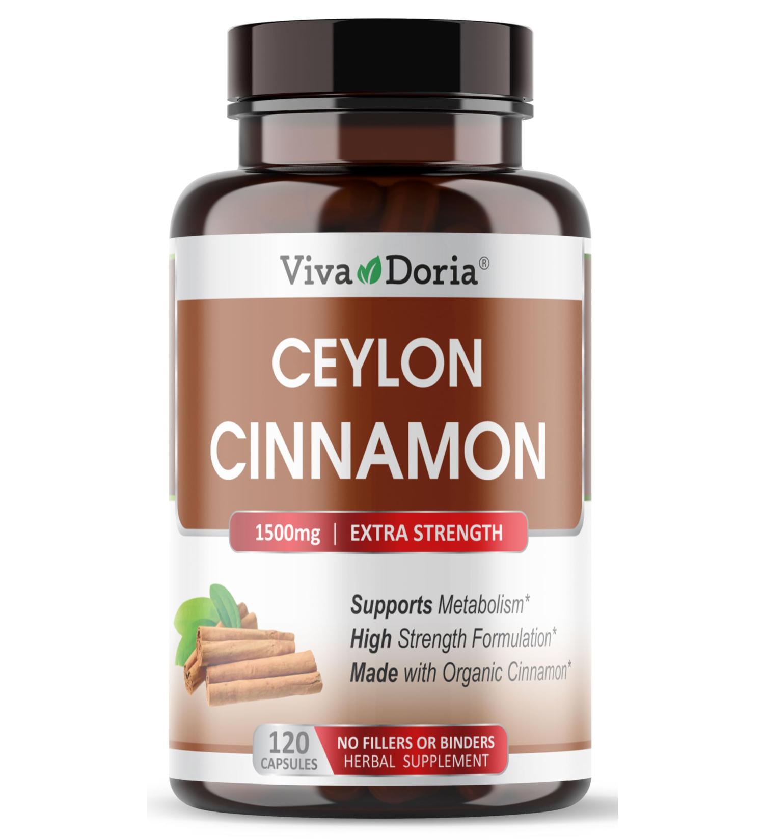 Viva Doria Ceylon Cinnamon, 120 Veggie Capsules, 1500mg Per Serving, Gelatin Free, Made from Organic True Ceylon Cinnamon, 120 Vegetable Capsules - Buy Online on GoSupps.com