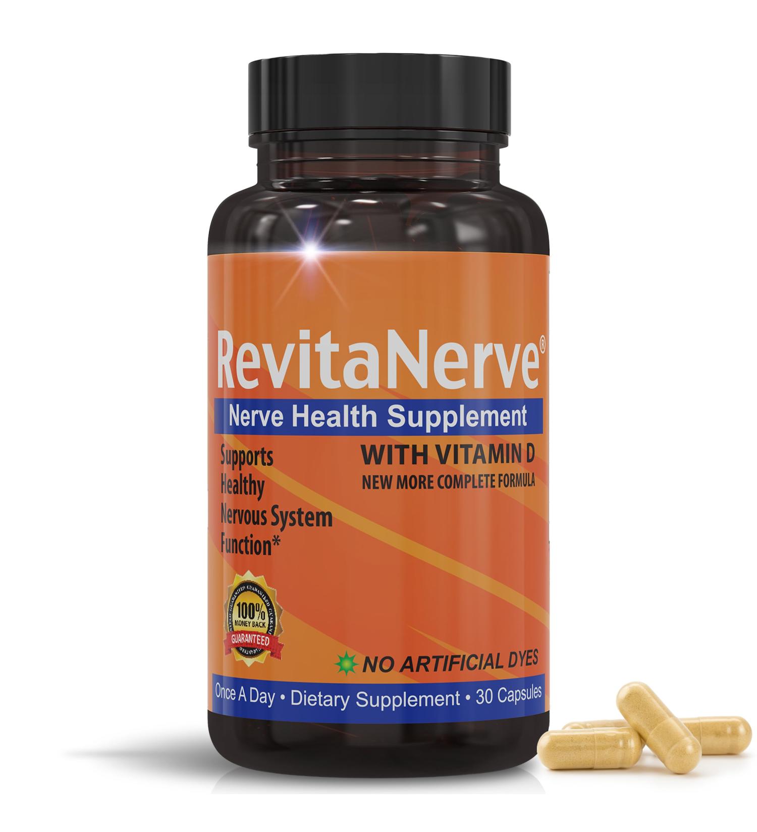 RevitaNerve Nerve Support Supplement with 300mg Alpha Lipoic Acid Vitamin D3 Vitamin B1 B2 B6 B12 & Magnesium Glycinate One-per-Day Neuropathy Supplement Daily Nutrient Blend 30 Capsules - Buy Online on GoSupps.com