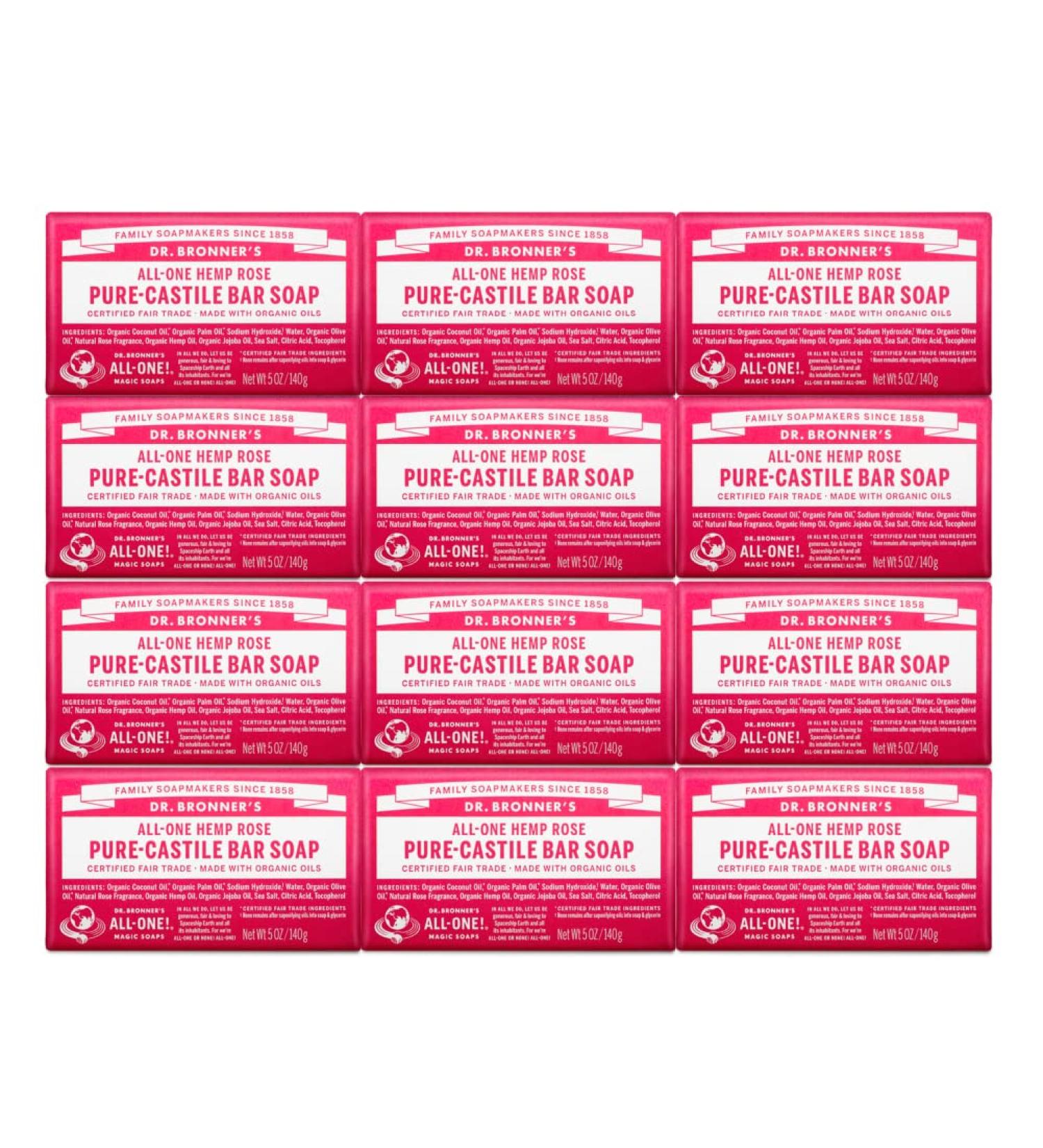 Dr. Bronner's Rose Pure-Castile Bar Soap - Organic Oil Blend - 5oz 12-Pack | Gentle, Moisturizing, Biodegradable, Vegan & Cruelty-Free - Buy Online on GoSupps.com