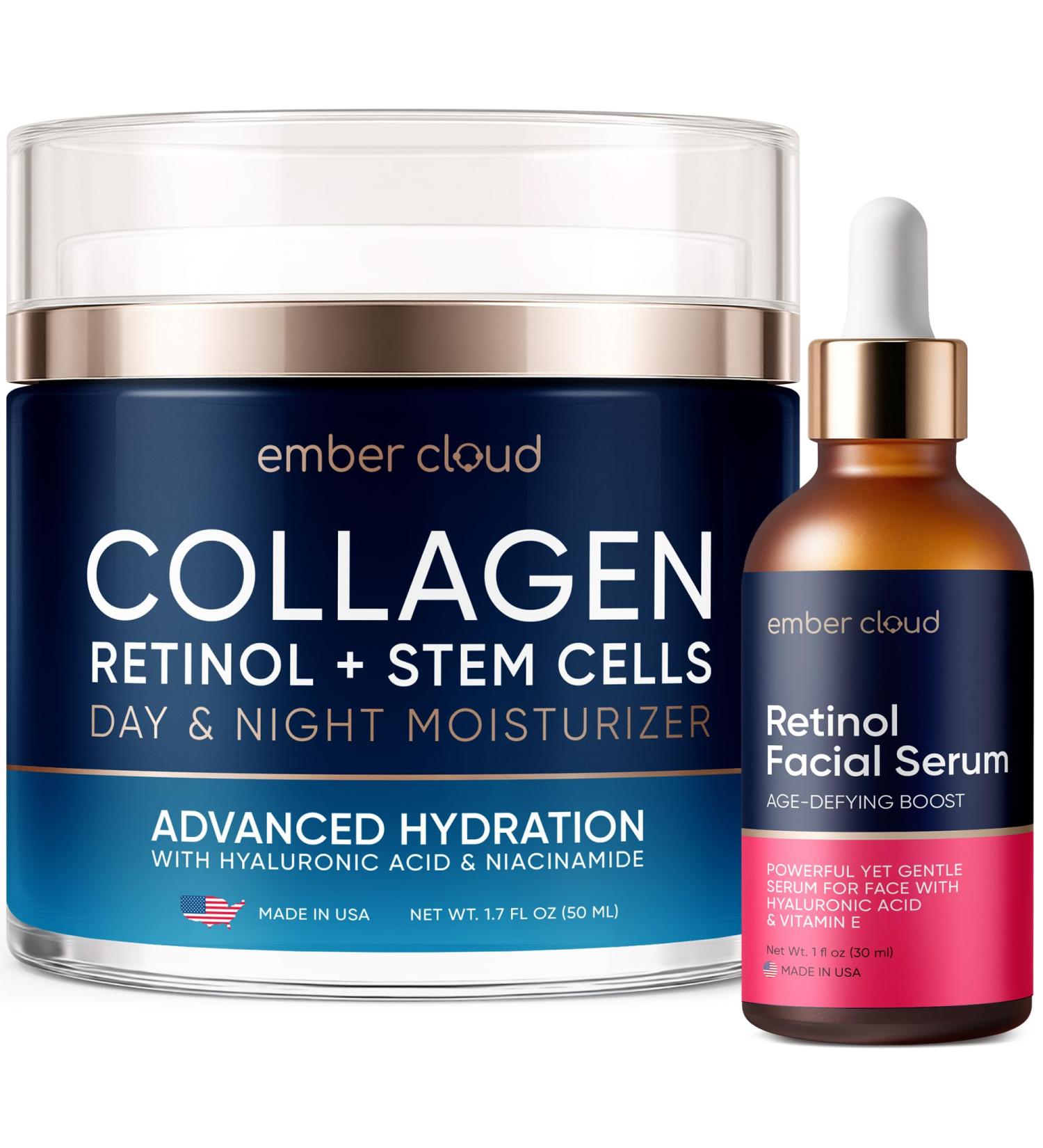 Collagen Cream for Face with Stem Cells Retinol Hyaluronic Acid Niacinamide (1.7 Oz) / Retinol Serum for Face (1Oz) - Buy Online on GoSupps.com