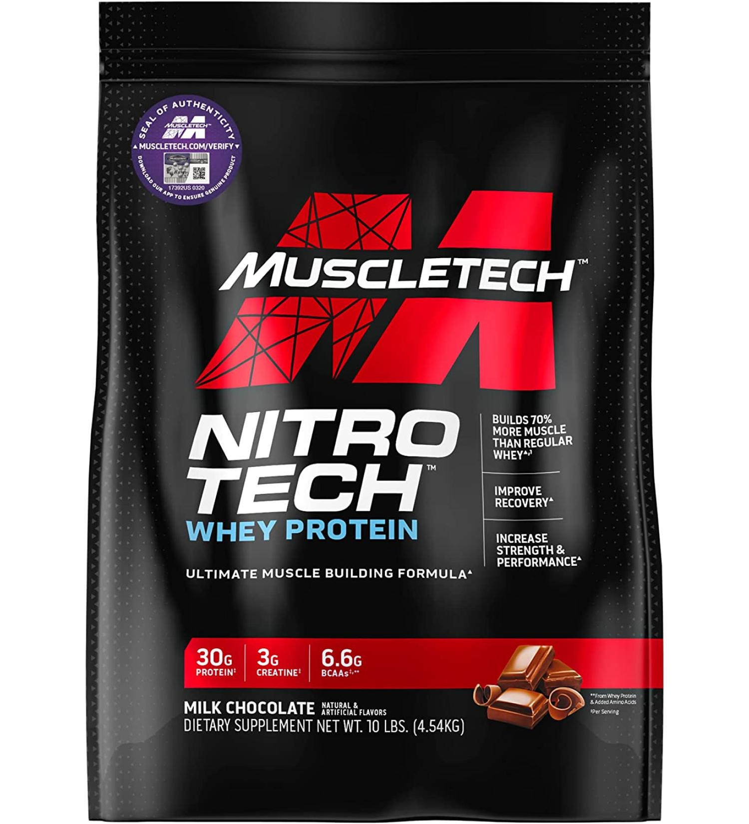 Muscletech Nitro Tech Whey Protein Powder - Isolate & Peptides, Milk Chocolate, 10 lbs (Lean Muscle Builder) - Buy Online on GoSupps.com
