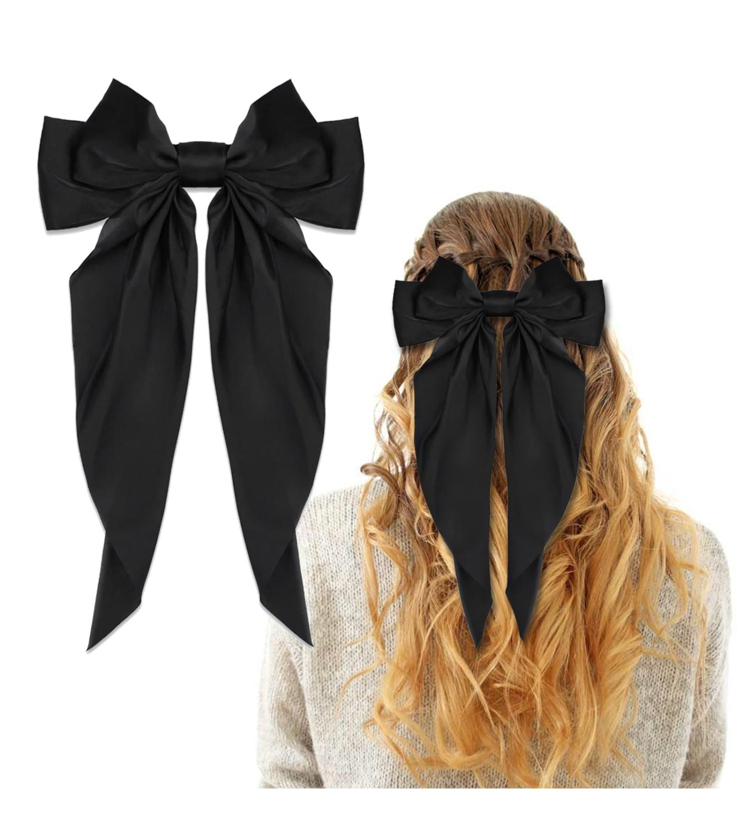 Black Hair Bow Black Bow Hair Clip for Women Solid Color Bow Hair Clips with Long Ribbon French Black Bow Hair Clip Soft Satin Silky Hair Bows Cute Gifts for Women Girls - Buy Online on GoSupps.com