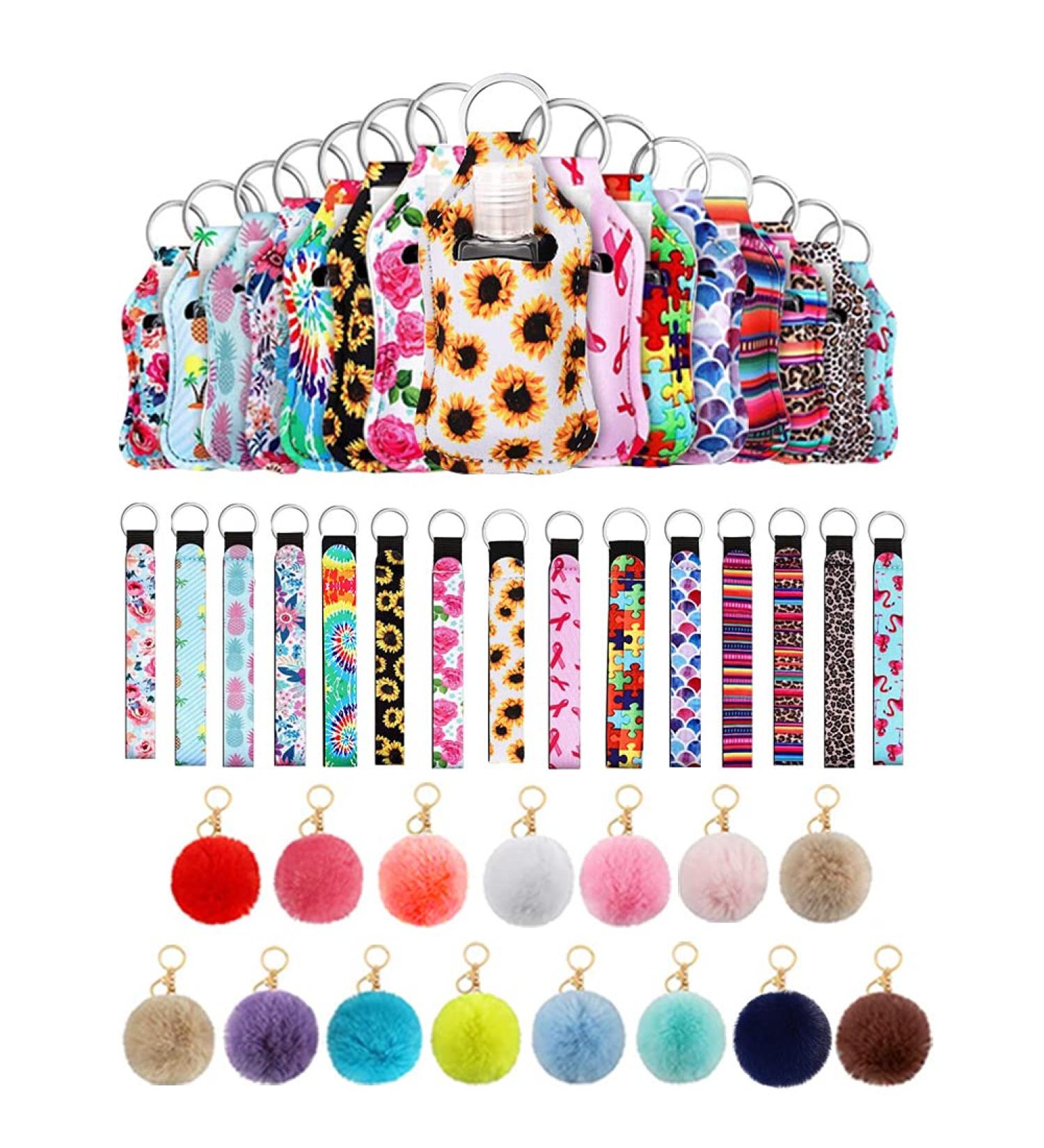 60 Piece Empty Travel Bottle Set with Keychain Holders - 30ml Refillable Bottles, Wristlet & PomPoms Keychains - Multiple Styles - Buy Online on GoSupps.com