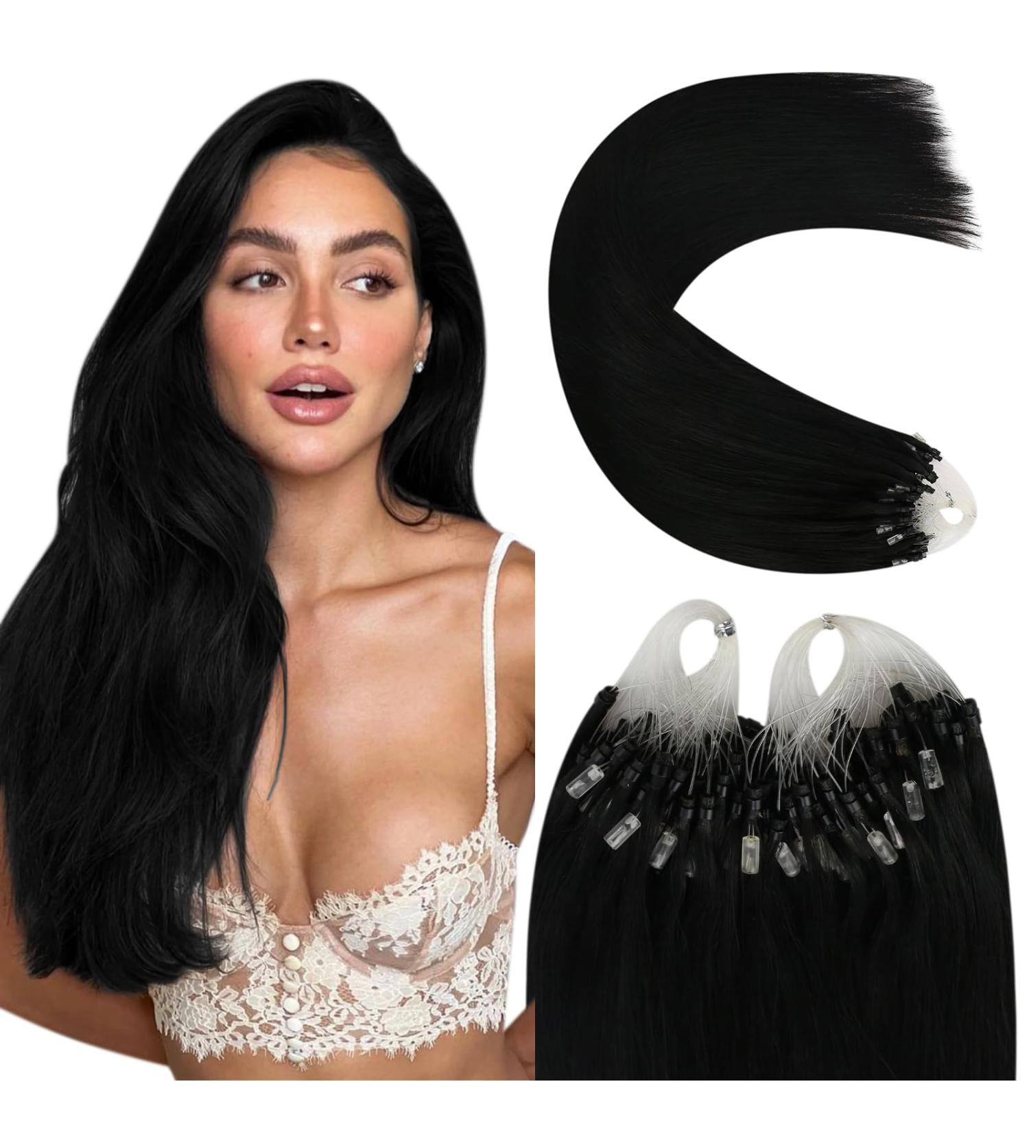 Youngsee Real Hair Microring Extensions - 55cm Black Micro Loop Hair Extensions | 50g #1 Premium Quality - Buy Online on GoSupps.com