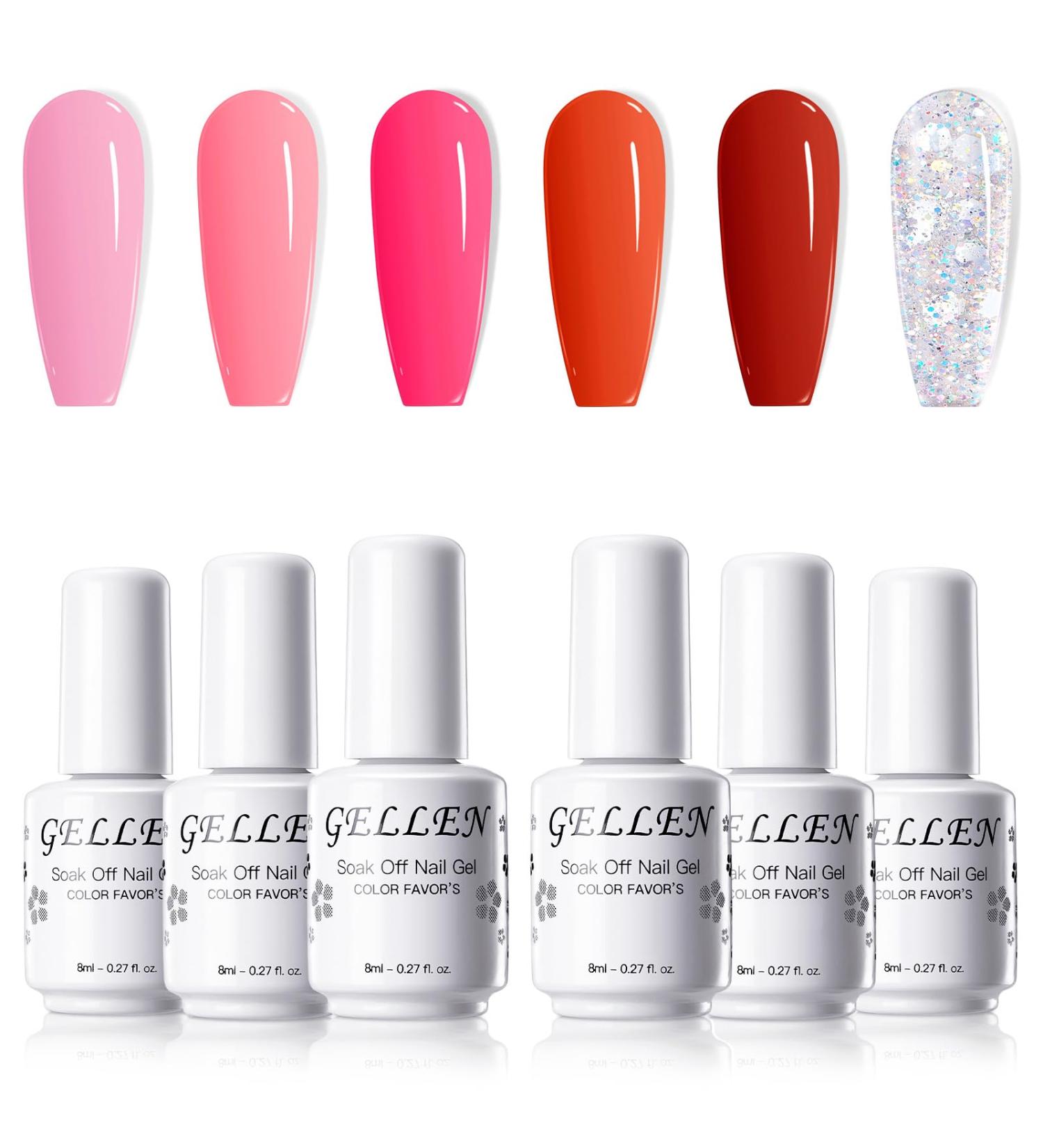 Gellen Gel Nail Polish Kit - 6 Stunning Colors Baby Pink Burgundy Rose Red Glitter Silver Gel Polish Set White Glitter Gel Polish Soak Off LED Gel Polish for Women Pageant Queen - Buy Online on GoSupps.com