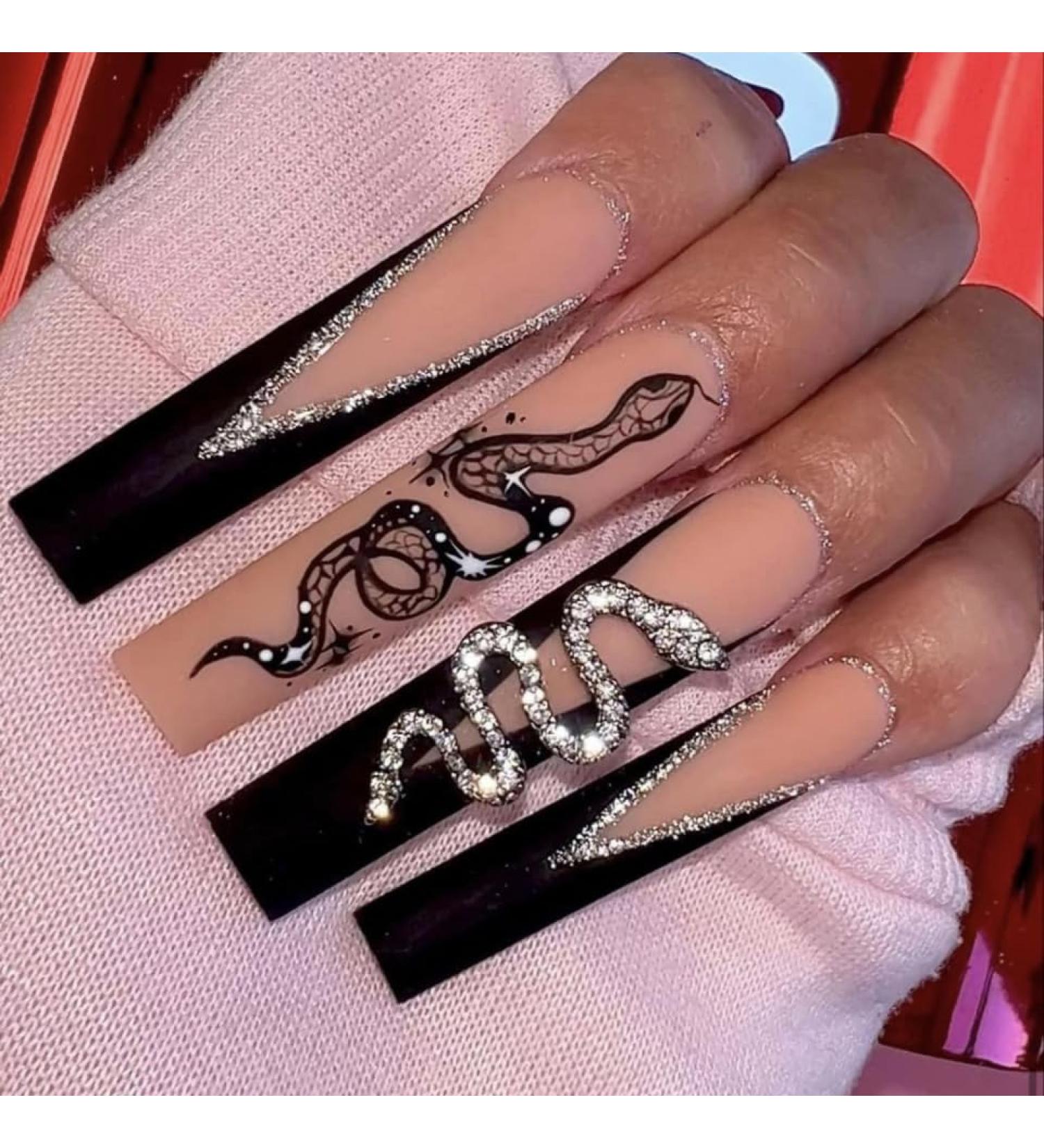French Tip Press on Nails - Long T Press On Nails with Nail Tips Black V Double Snake Flash diamond False Nail French Shining Powder Design press on nails Acrylic False Nails Cute Artificial Nails - Buy Online on GoSupps.com