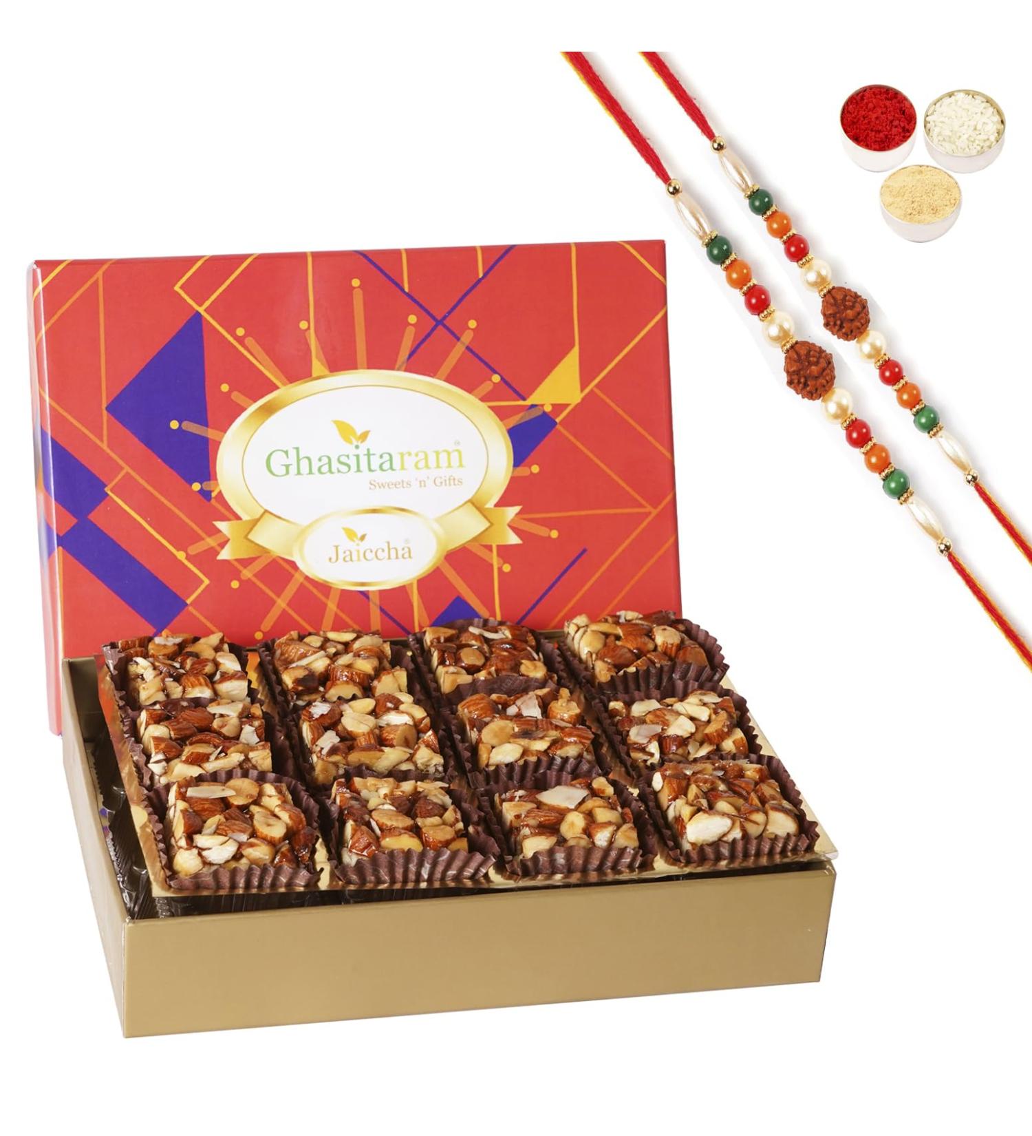 Ghasitaram Gifts Jaiccha Rakhi for Brother Sugarfree Almond Delight in Premium Box 12 pcs with 2 Rudraksh rakhis - Buy Online on GoSupps.com