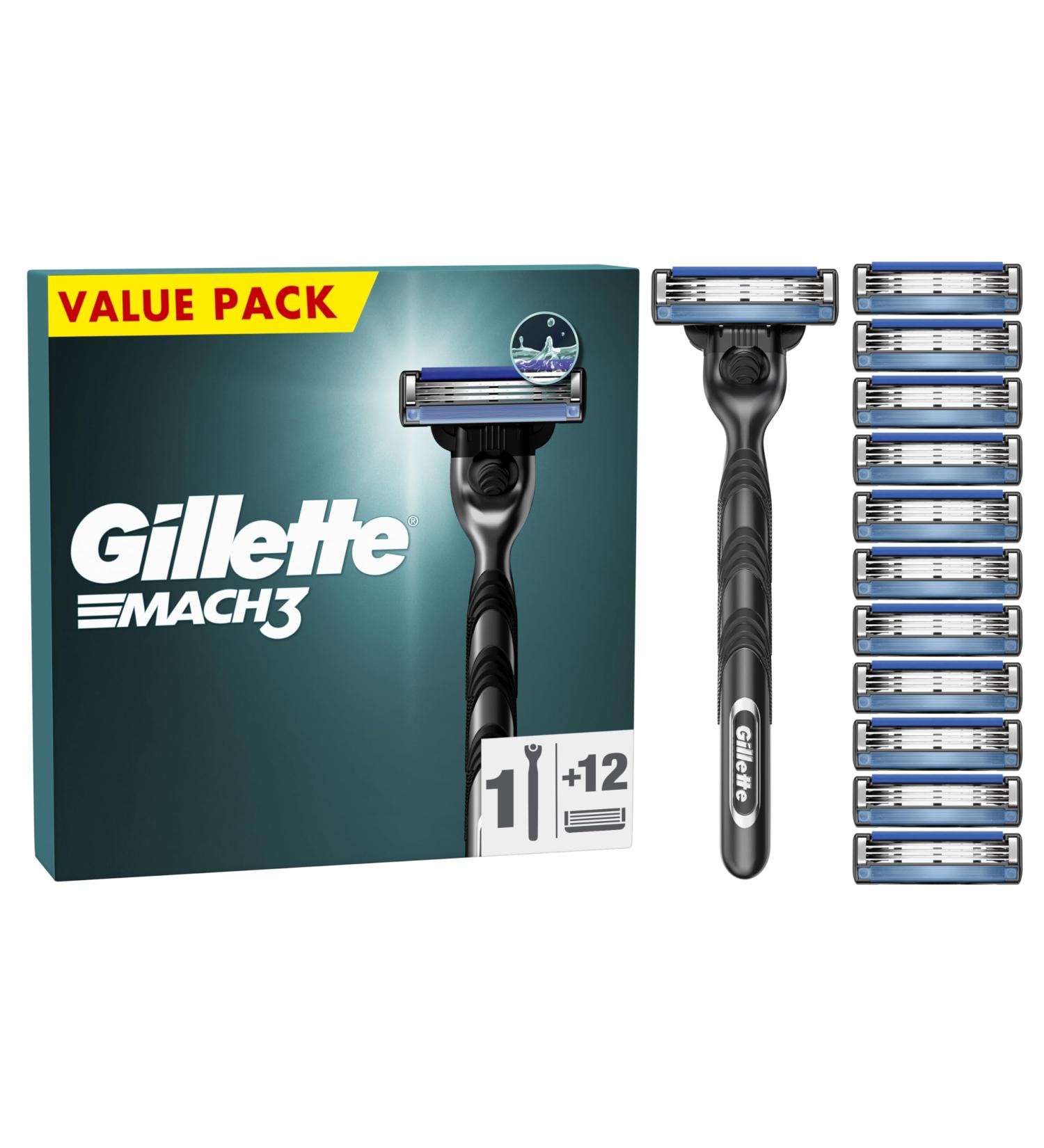 Gillette Mach3 Men's Razor + 12 Razor Blade Refills - Smooth Shave with 3 Blades - Buy Online on GoSupps.com