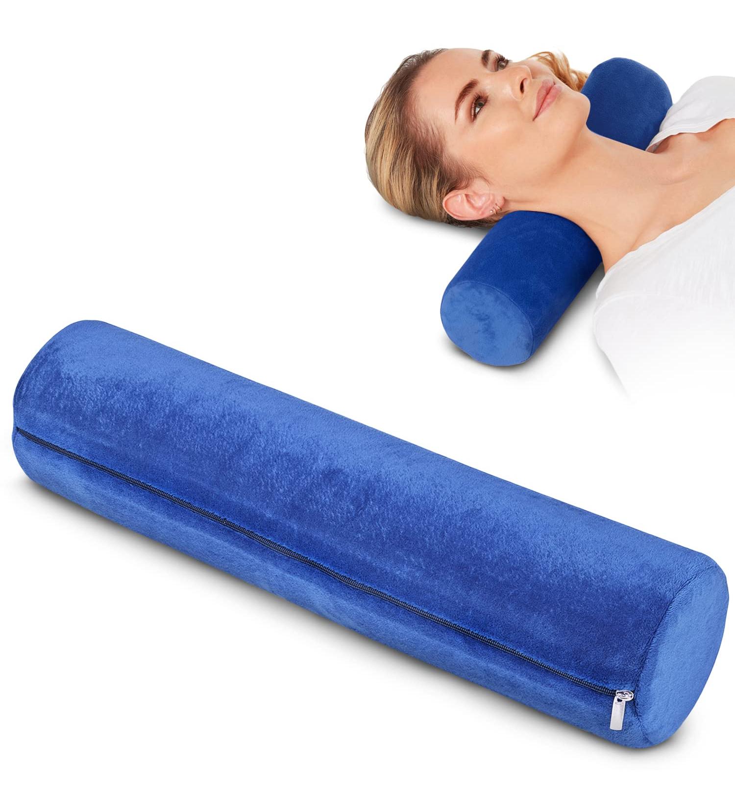 Memory Foam Round Cervical Roll Pillow Removable Washable Cover Ergonomic Design for Head Neck Back Legs Spine and Neck Support Blue