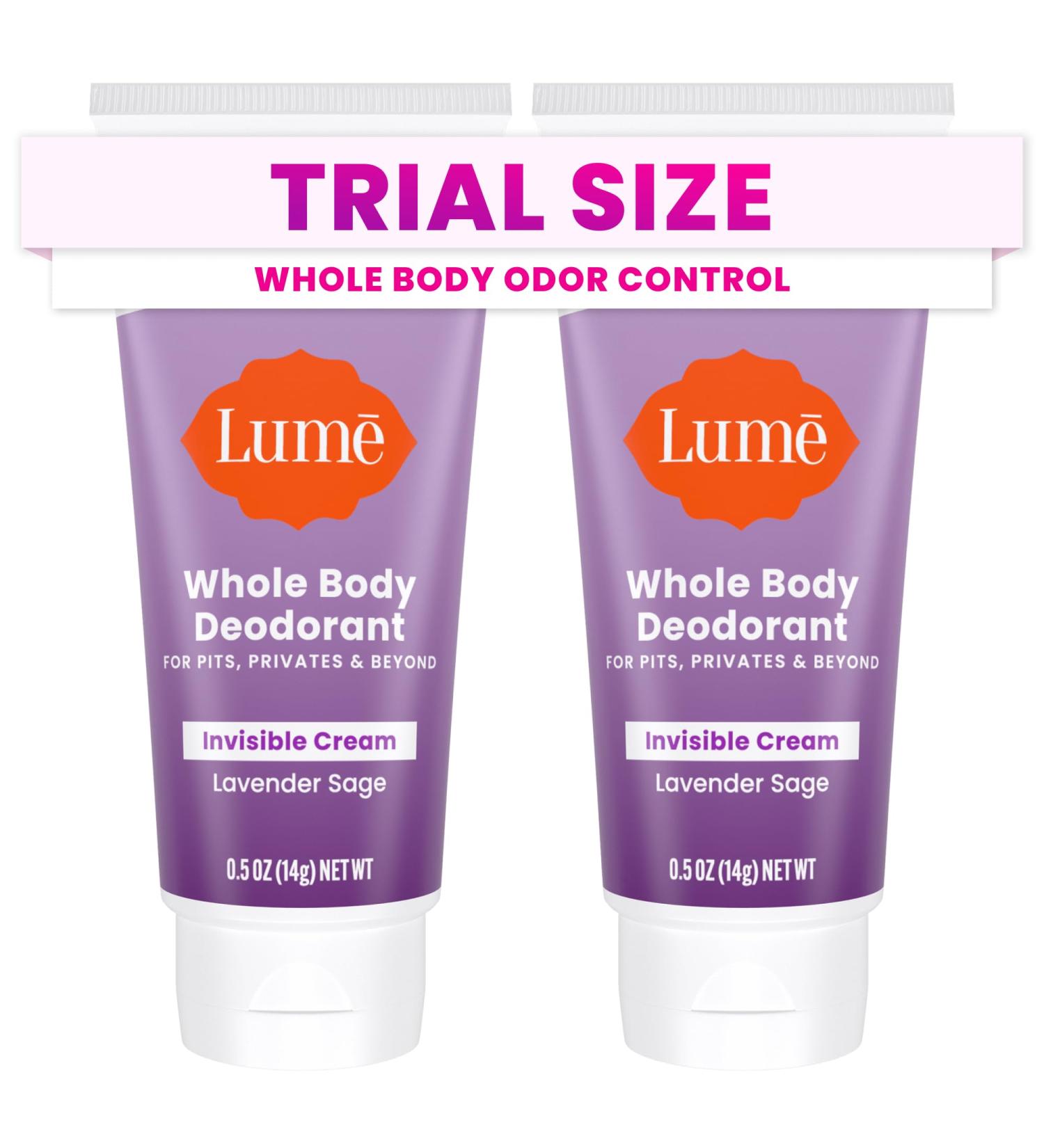 Lume Whole Body Deodorant - Mini Travel Size Invisible Cream Tube - Trial Size - 72 Hour Odor Control - Doctor Developed - Aluminum Free Baking Soda Free - .5oz (Pack of 2) (Lavender Sage) - Buy Online on GoSupps.com