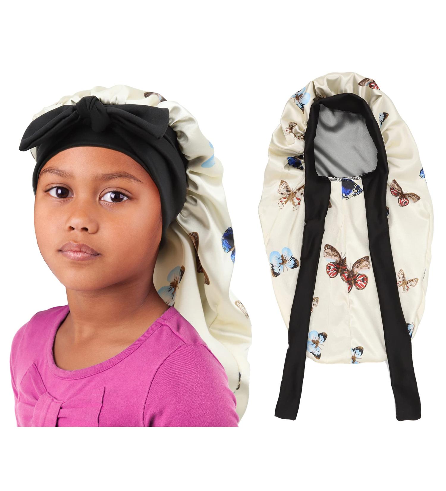 Brcok Kids Long Butterfly Satin Bonnet | Double Layer Sleeping Cap for Girls with Silk Tie Band | Toddler & Child Hair Bonnet - Buy Online on GoSupps.com