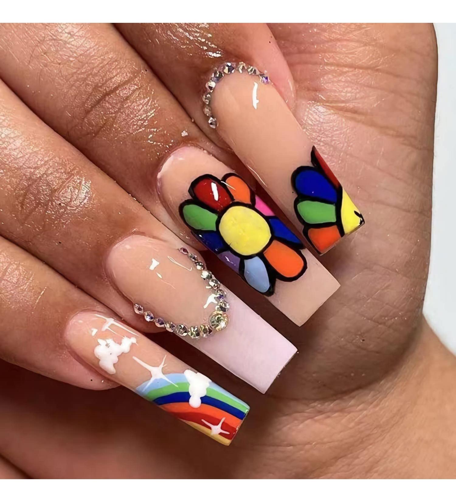 BABALAL Long Fake Nails 24Pcs Nude Glossy Ballerina Acrylic Rhinestone Rainbow Stick on Nails - Women & Girls - Buy Online on GoSupps.com