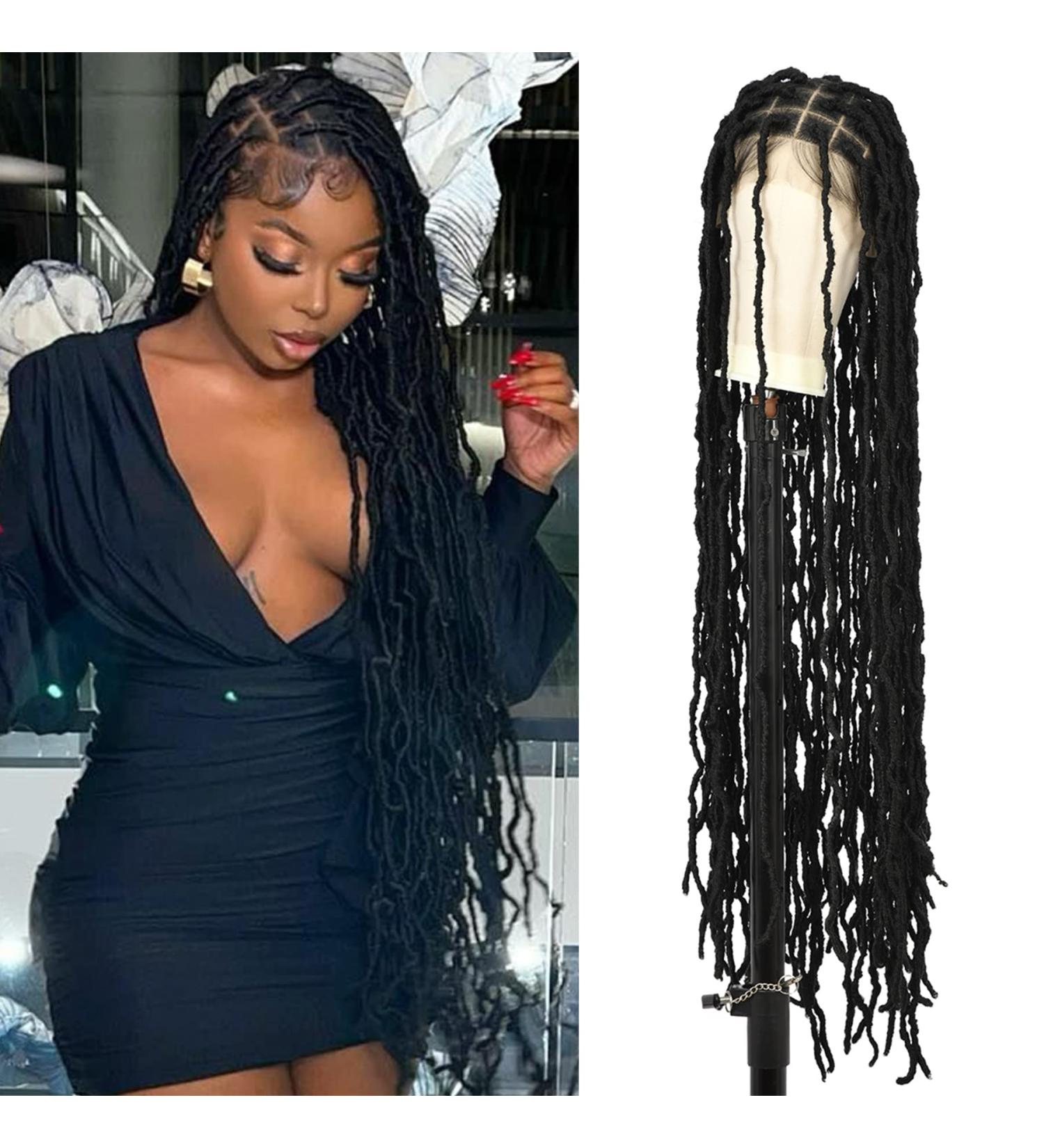Olymei 40 Inches Double Lace Front Knotless Locs Braided Wig for Black Women - Black Synthetic Lace Frontal Braid Wig with Baby Hair - Buy Online on GoSupps.com