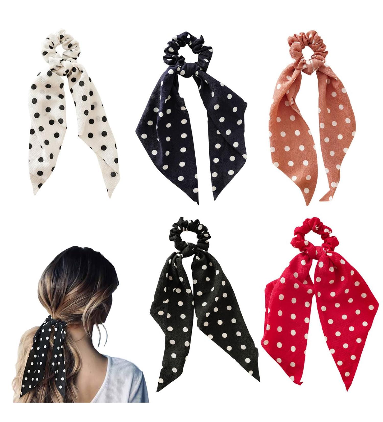 scicent Exercise Band 5 Pieces Bow Hair Band Dot Printed Hair Scrunchie Chiffon Ribbon Bow Ponytail Polka Dot Hair Scarves Fashion Sweet Hair Ties Use for Women Girls - 24006 - Buy Online on GoSupps.com