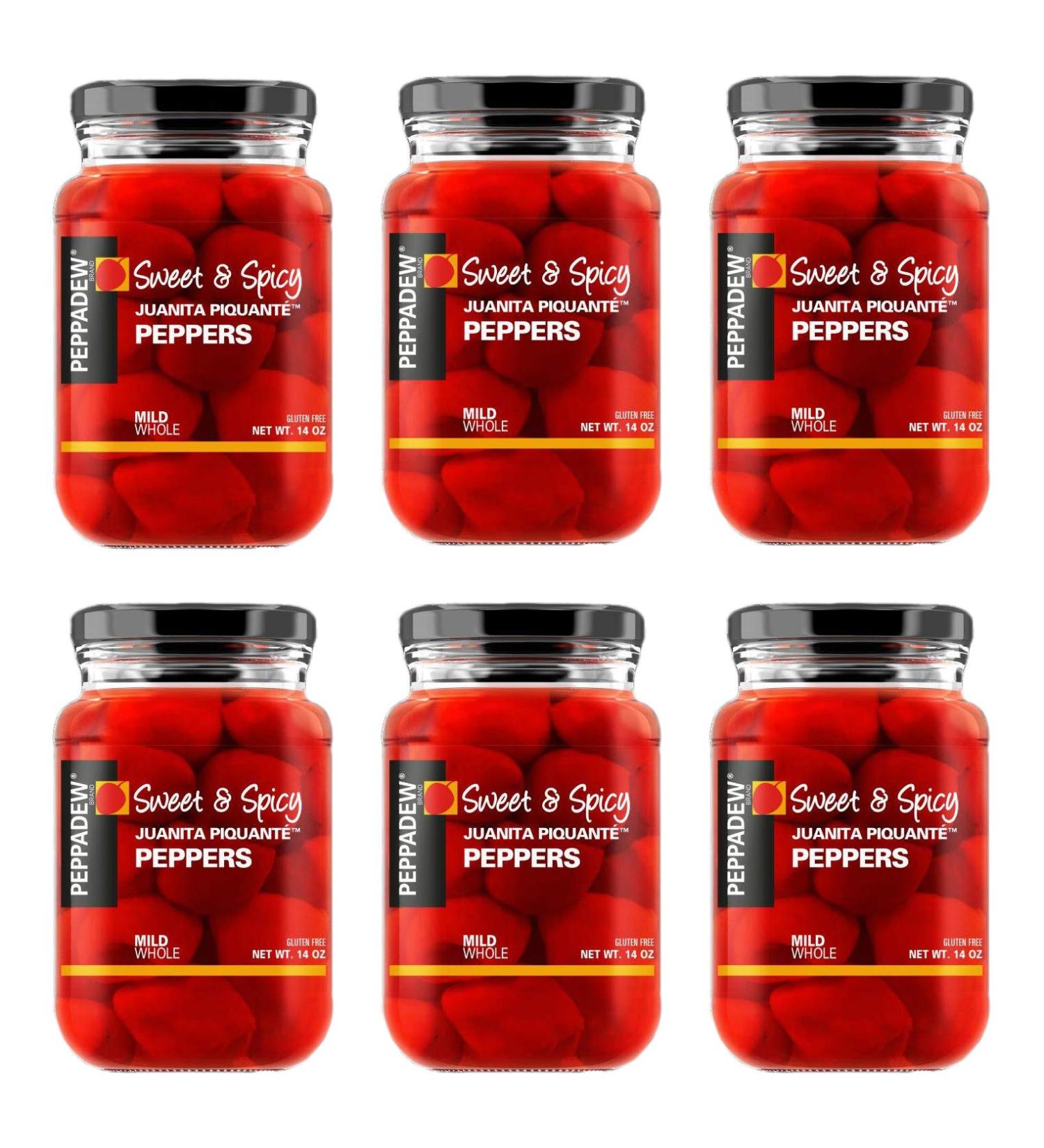 Peppadew Mild Whole Sweet & Spicy Piquante Peppers, 14-Ounce Glass Jars (Pack of 6)