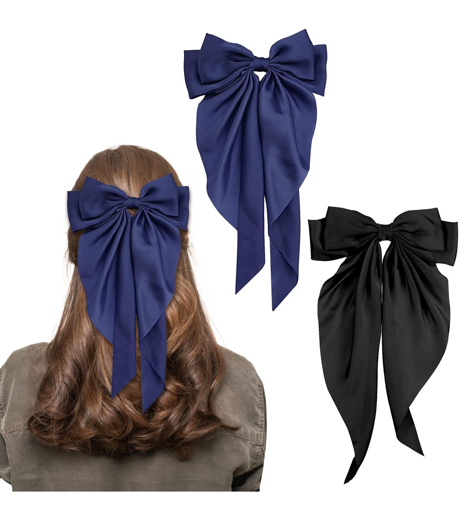 2Pcs Big Bow Hair Clips for Women in Black and Navy Blue - Soft Satin Ribbon Barrettes for Girls - Buy Online on GoSupps.com