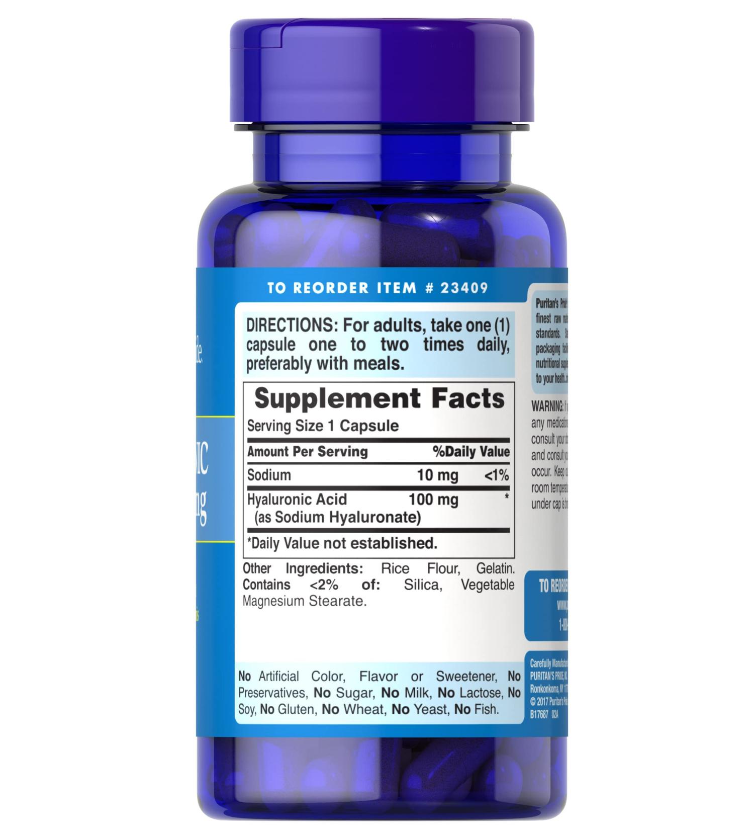 Puritan's Pride Hyaluronic Acid 100mg Capsules - 120 Count Pack for Skin Hydration - Buy Online on GoSupps.com