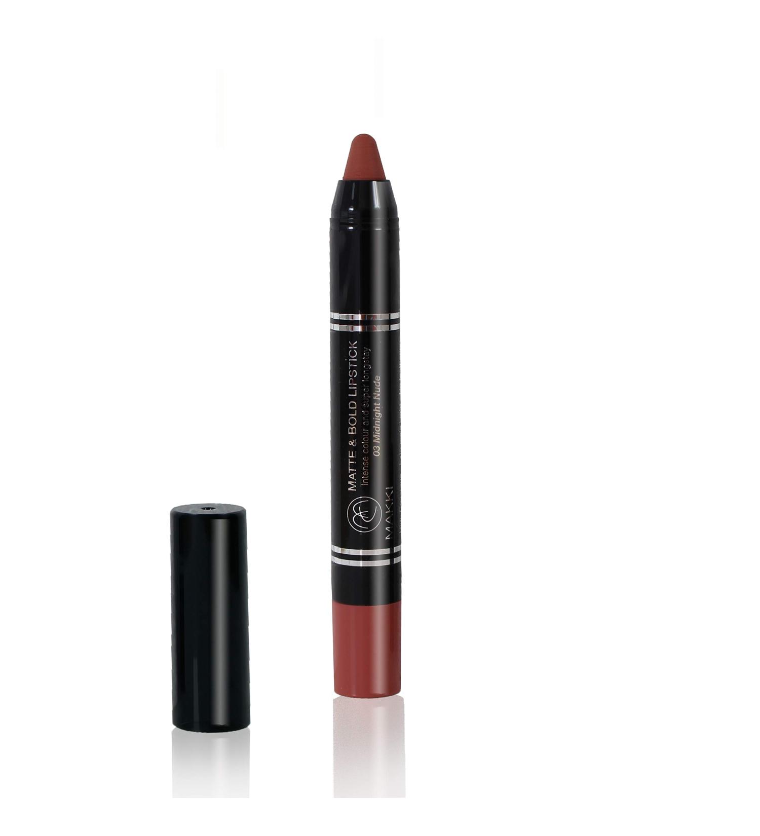  Makki Makki Midnight Nude bold matte lipstick with a twist - Intense color - Velvet finish - Up to 18-hour wear - Smudge-proof - Feather-free - Smooth and glides on - Contains crushed pigments - Buy Online on GoSupps.com