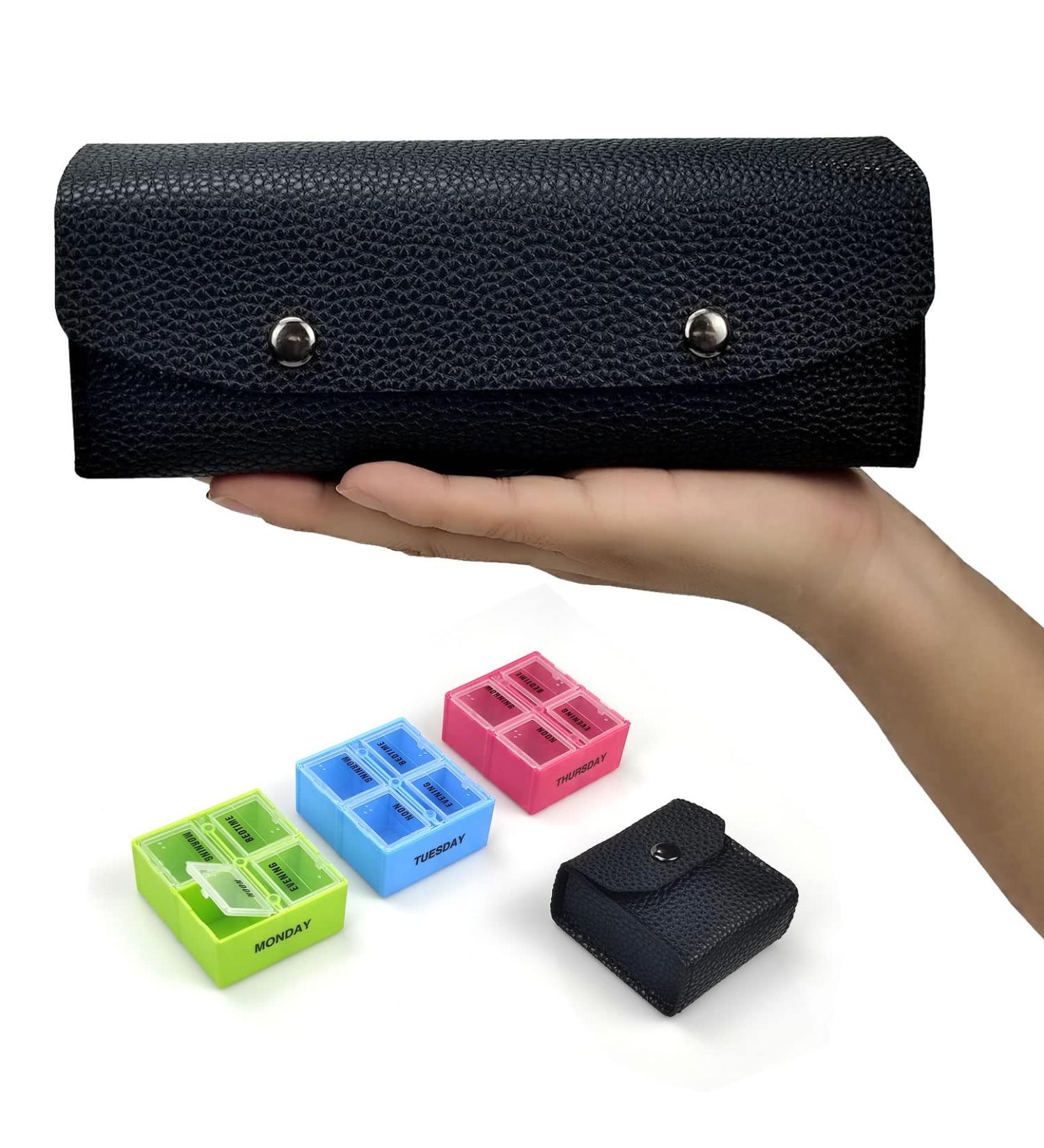VOFOON Travel Pill Organizer - 4 Times a Day Weekly Medicine Case for Vitamins & Supplements - 7x4 Compartments - Black - Buy Online on GoSupps.com