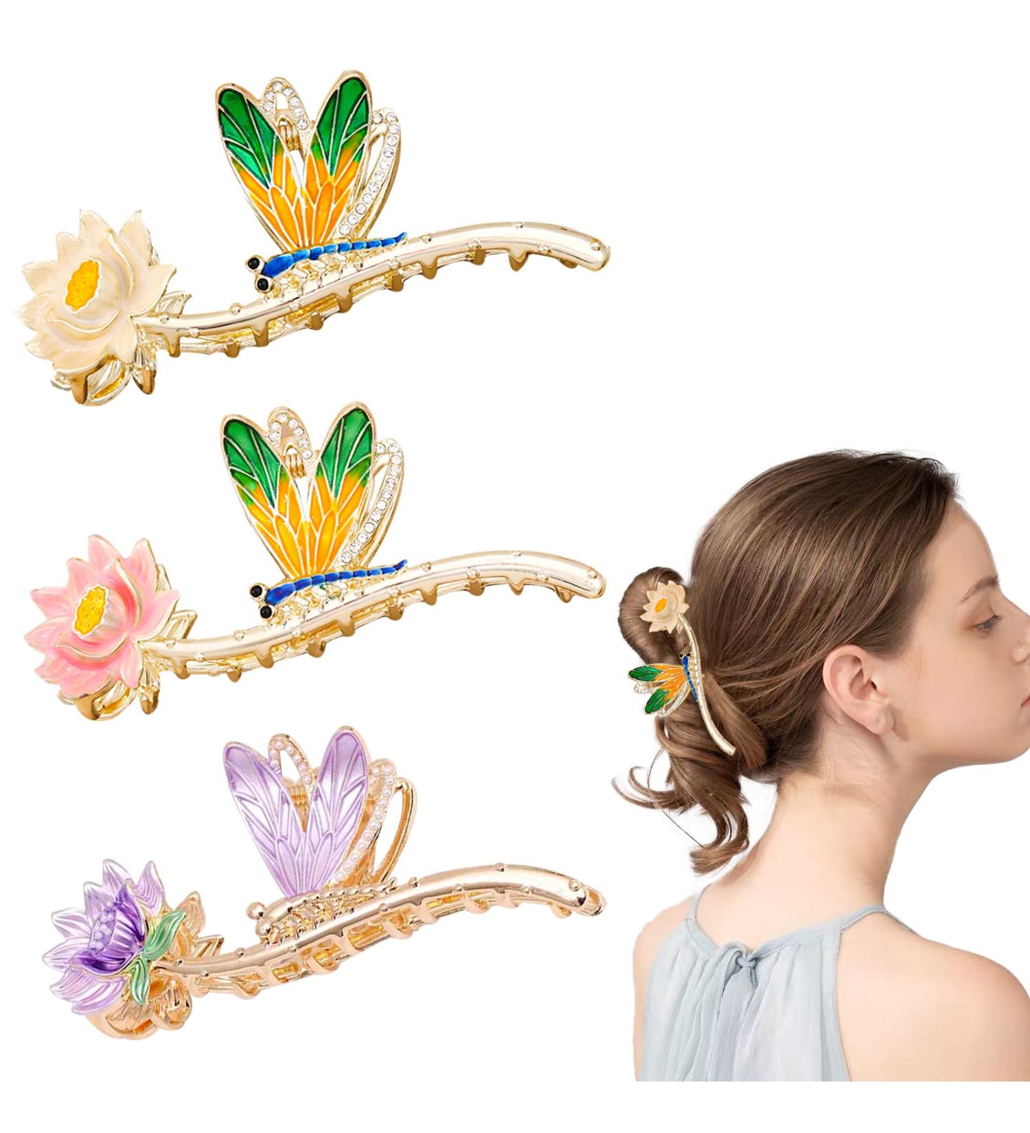 Dragonfly Hair Claw Clips Set - Large Metal Clips for Thick & Long Hair Styling - 3 Pcs Hair Accessories for Women & Girls - Buy Online on GoSupps.com