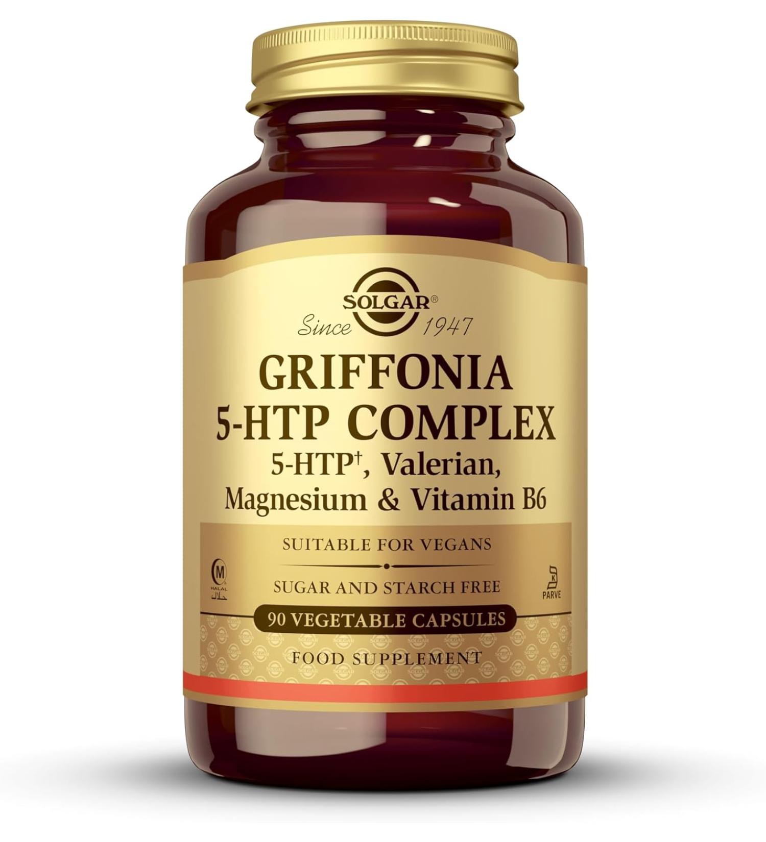 SOLGAR Griffonia 5-HTP Complex Support with Valerian Root, Magnesium, and Vitamin B6 - 90 Vegetable Capsules - Buy Online on GoSupps.com