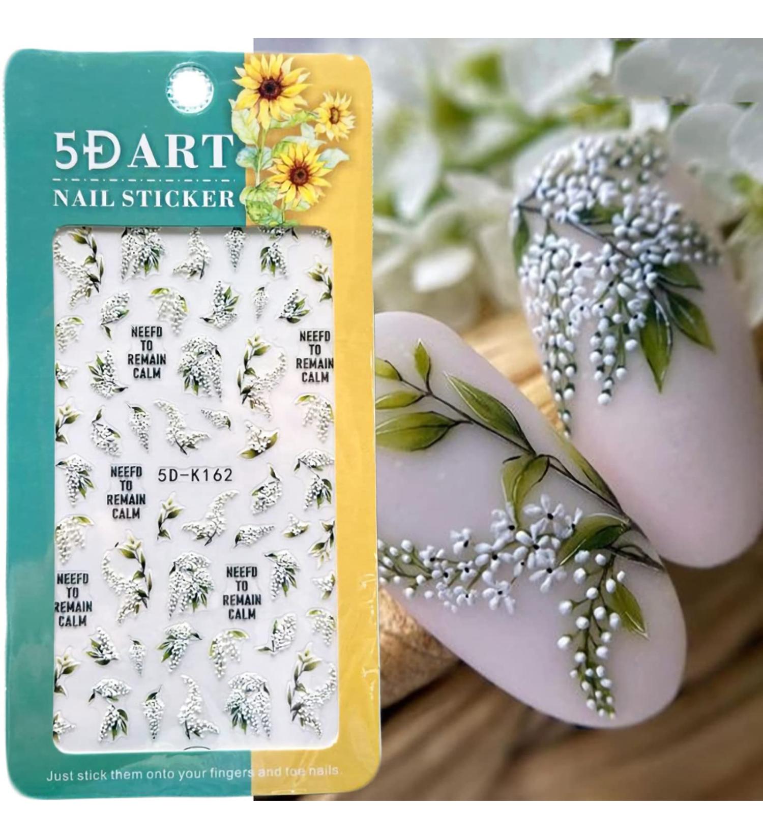 5D White Flower Nail Stickers - Summer Self Adhesive Leaf Decals for Nail Art | Green Leaves, Lily & Floral Accessories - Embossed Design for Blossom Decoration - Buy Online on GoSupps.com