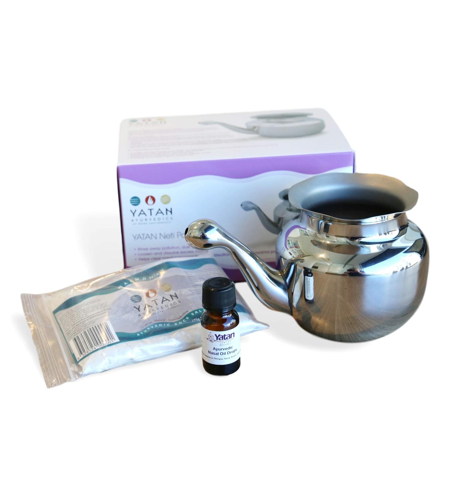 Yatan Neti Pot Kit - Stainless Steel Nasal Rinse Set | Ayurvedic Oil & Rock Salt for Sinus Relief & Congestion - Buy Online on GoSupps.com