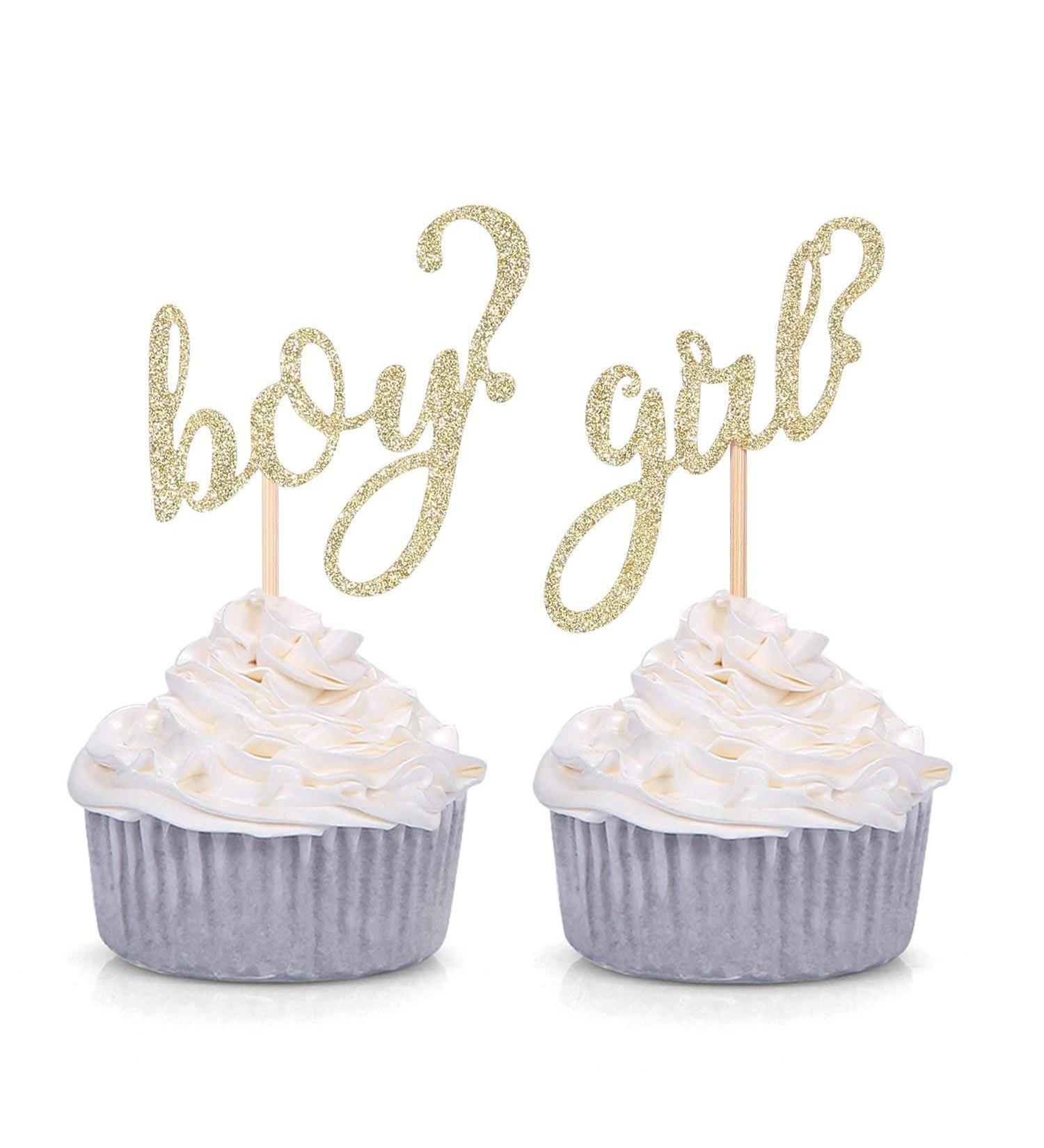 24 CT Gold Glitter Boy or Girl Cupcake Toppers Gender Reveal Party Decors