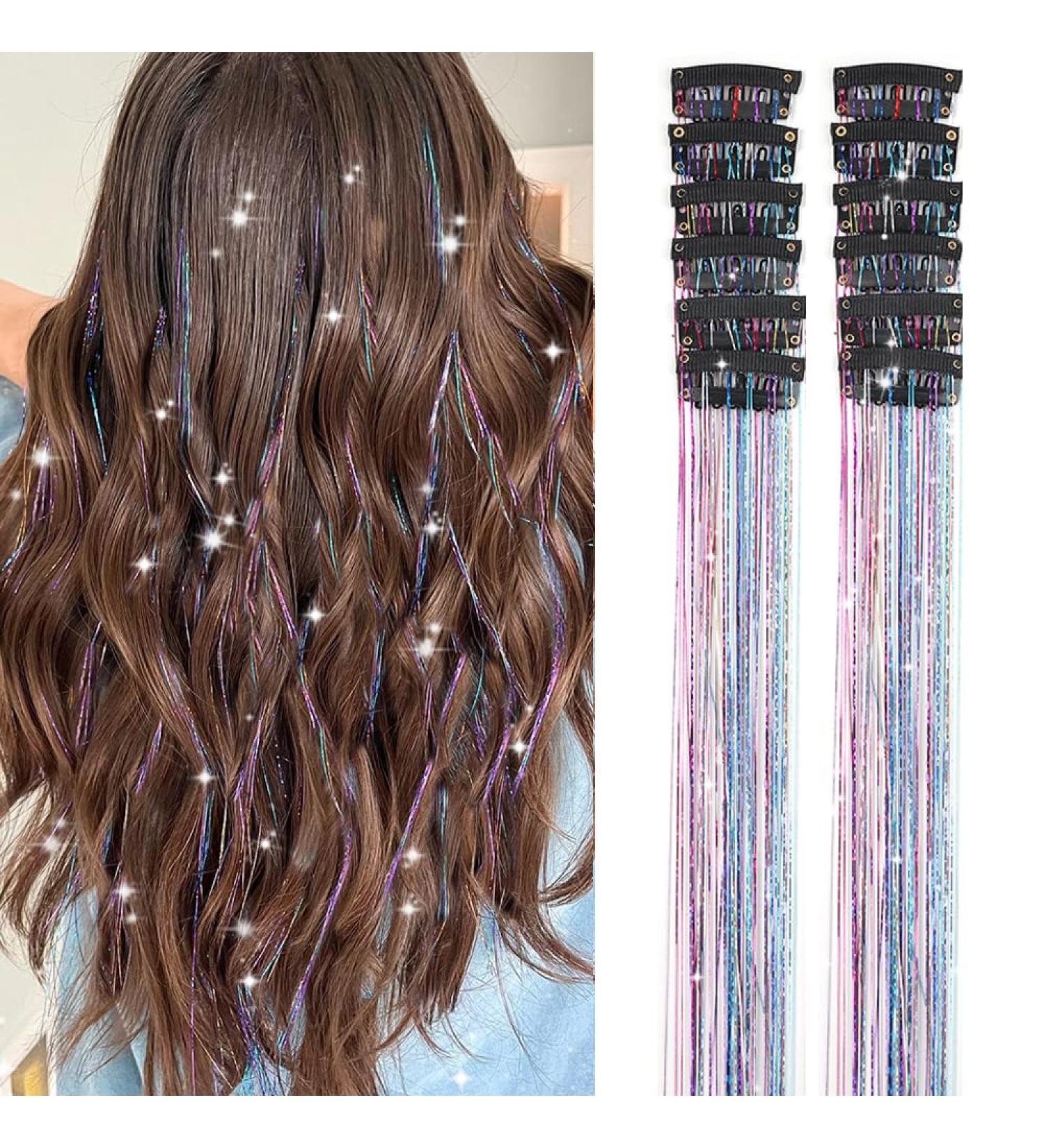 12 Pcs Clip in Hair Tinsel Pack - 20 Inch Colorful Glitter Extensions for Women, Girls, Kids - Festival Gift, Fairy Hair, Party Accessories Kit - Buy Online on GoSupps.com