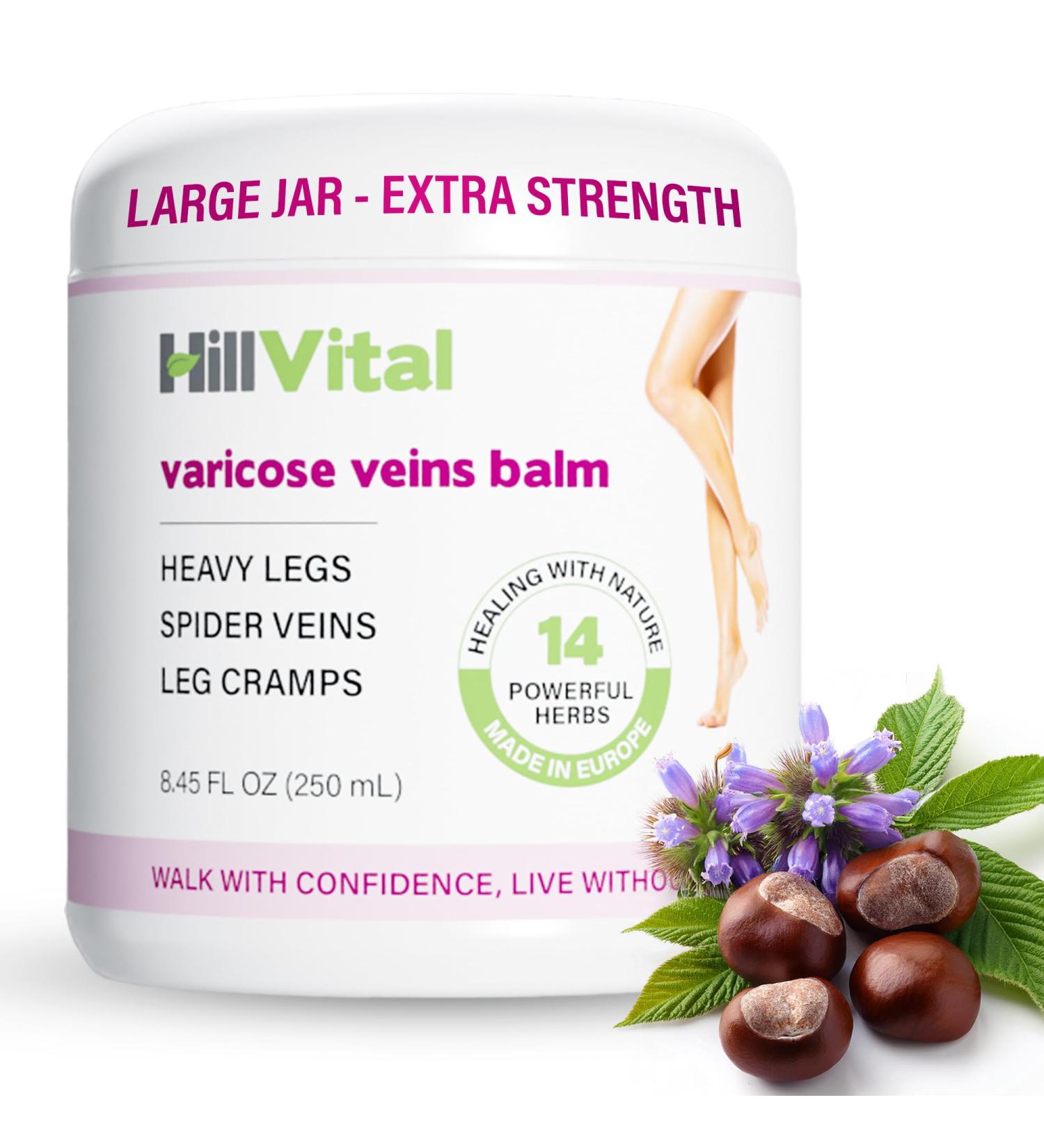 HillVital Varicose Veins Treatment Cream - Natural Horse Chestnut & 14 Herbs for Spider Veins & Leg Relief - Buy Online on GoSupps.com