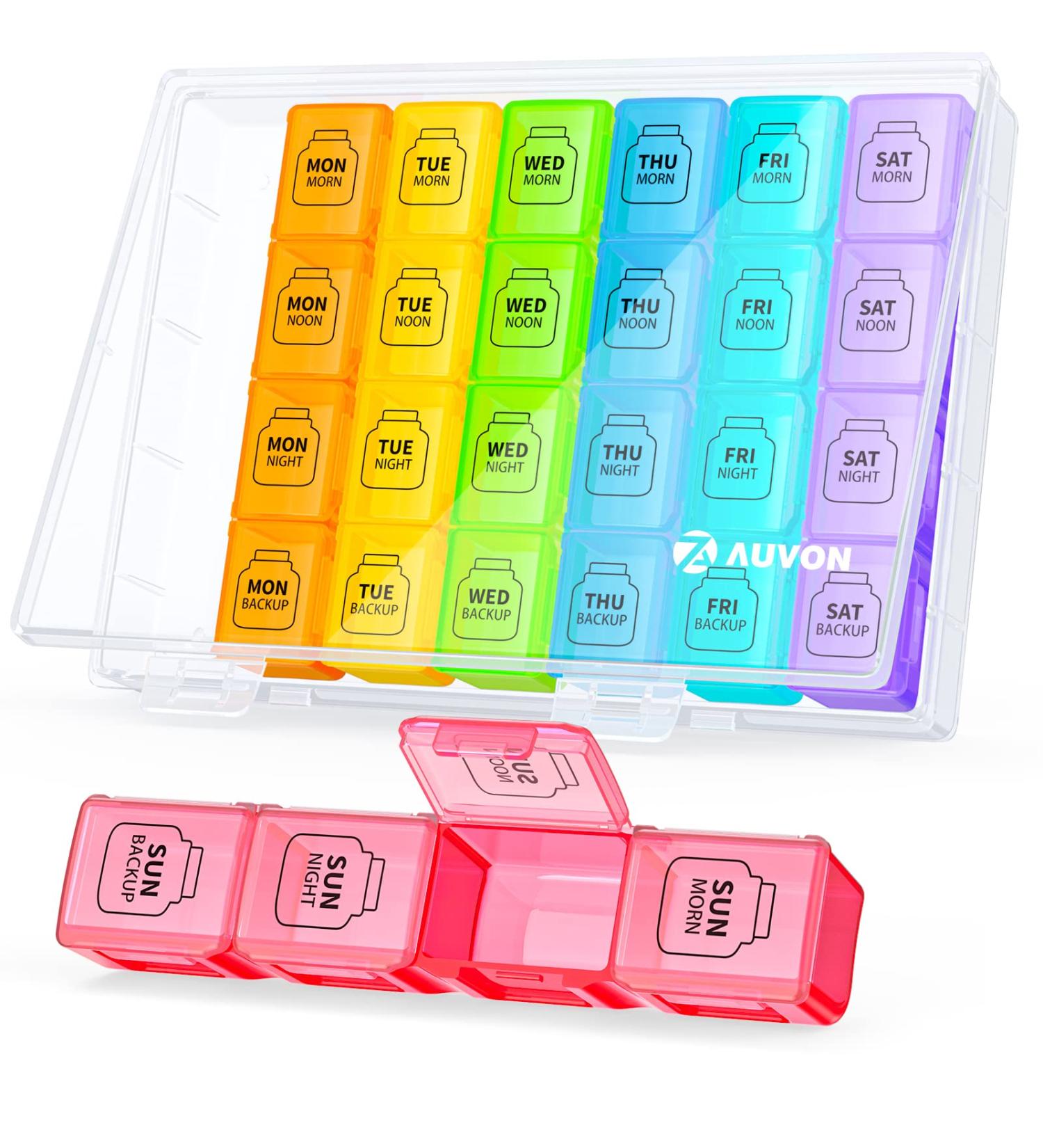 AUVON Extra Large Weekly Pill Organizer - 4 Times a Day 28 Compartment Pill Box for Vitamins Supplements & Medication - Ideal for Fish Oils & Daily Use - Buy Online on GoSupps.com