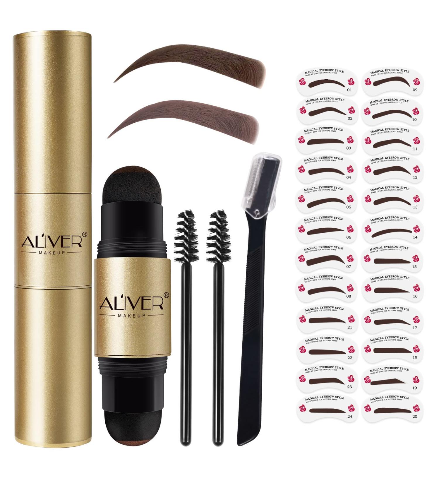 Dual Color Eyebrow Stamp Stencil Kit - Waterproof One Step Brow Powder Stamp with 24 Reusable Stencils and Tools - Medium Brown & Light Brown - Buy Online on GoSupps.com