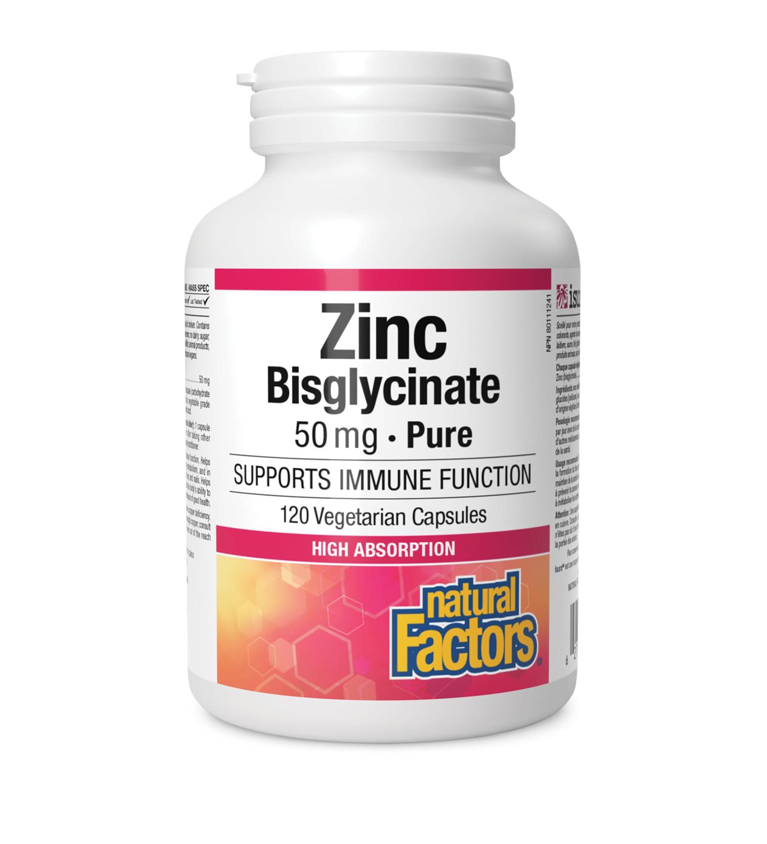 Natural Factors Zinc Bisglycinate 50mg 120 vegetarian capsules Gentle Highly Absorbable One-Per-Day Formula Supports Immune Function - Buy Online on GoSupps.com