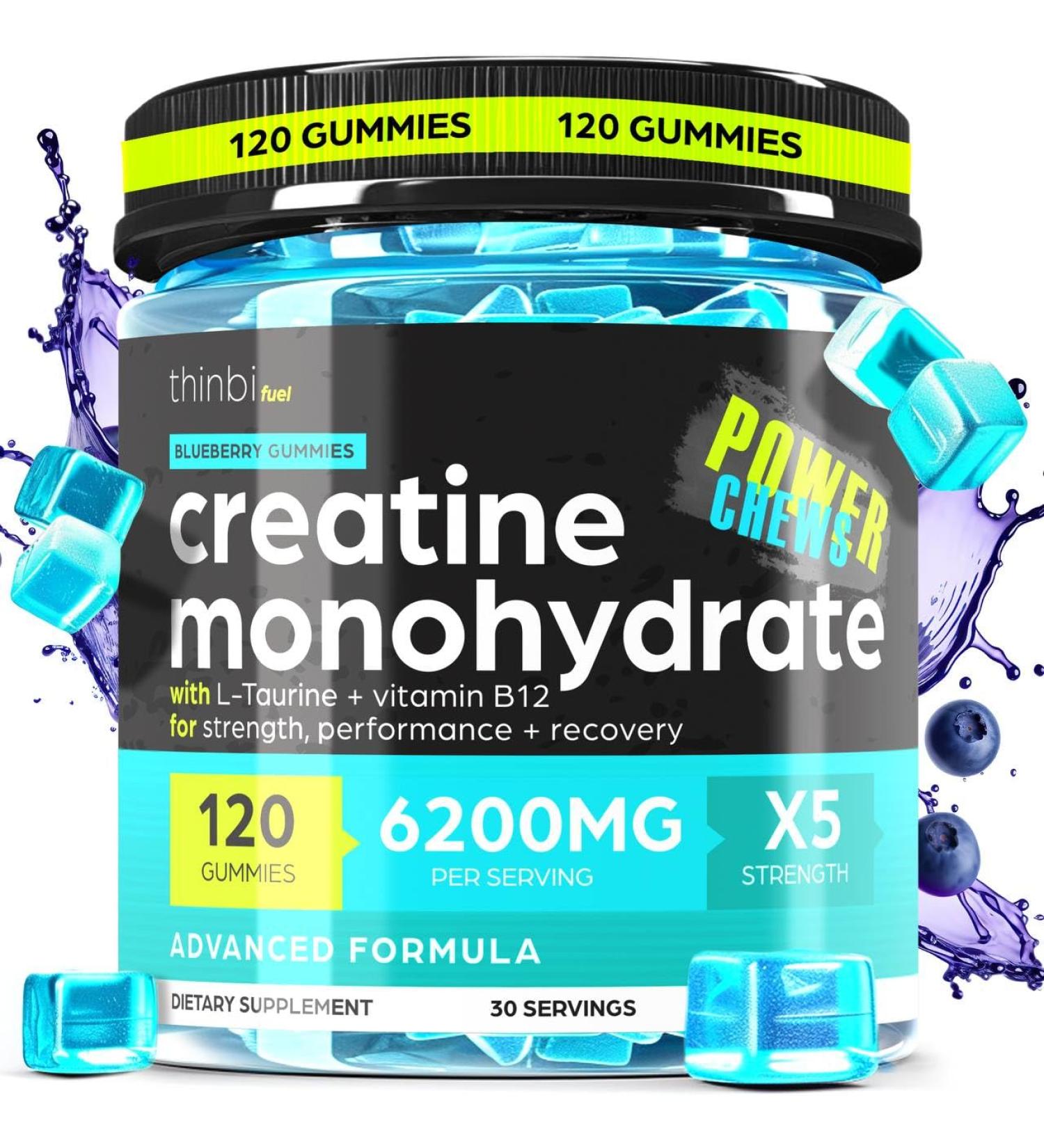 Creatine Monohydrate Gummies 6200mg - Muscle Builder & Energy Boost - Advanced Formula with L-Taurine & Vitamin B12 - 120 Count - Thinbi - Buy Online on GoSupps.com