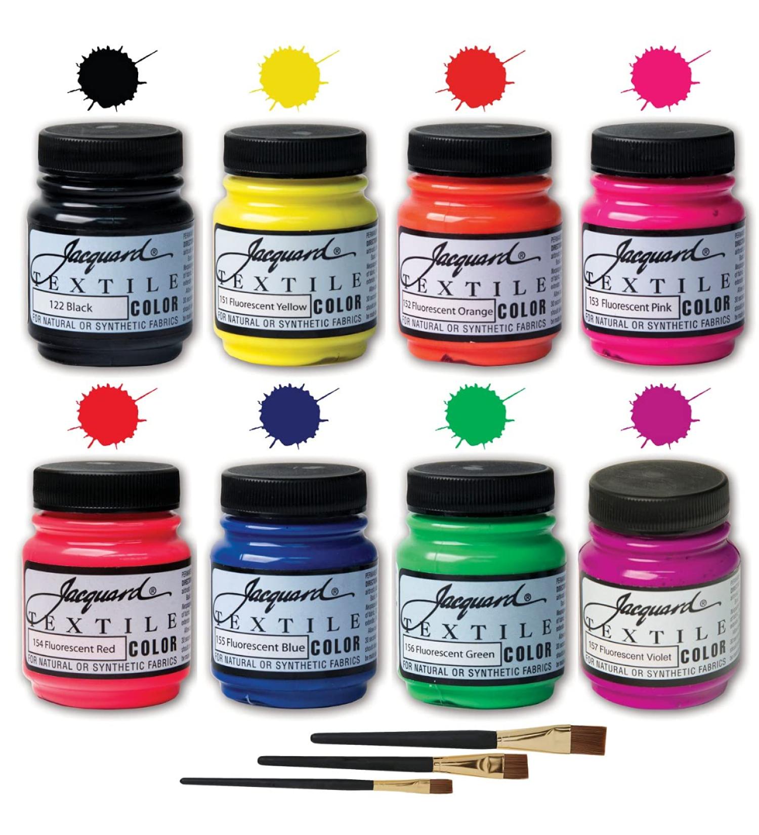 Jacquard Fluorescent Fabric Paint Set - 8 Colors for Clothes, Jeans, Shoes, Canvas, Leather & Upholstery | Permanent Textile Paint with 3 Brushes - Buy Online on GoSupps.com