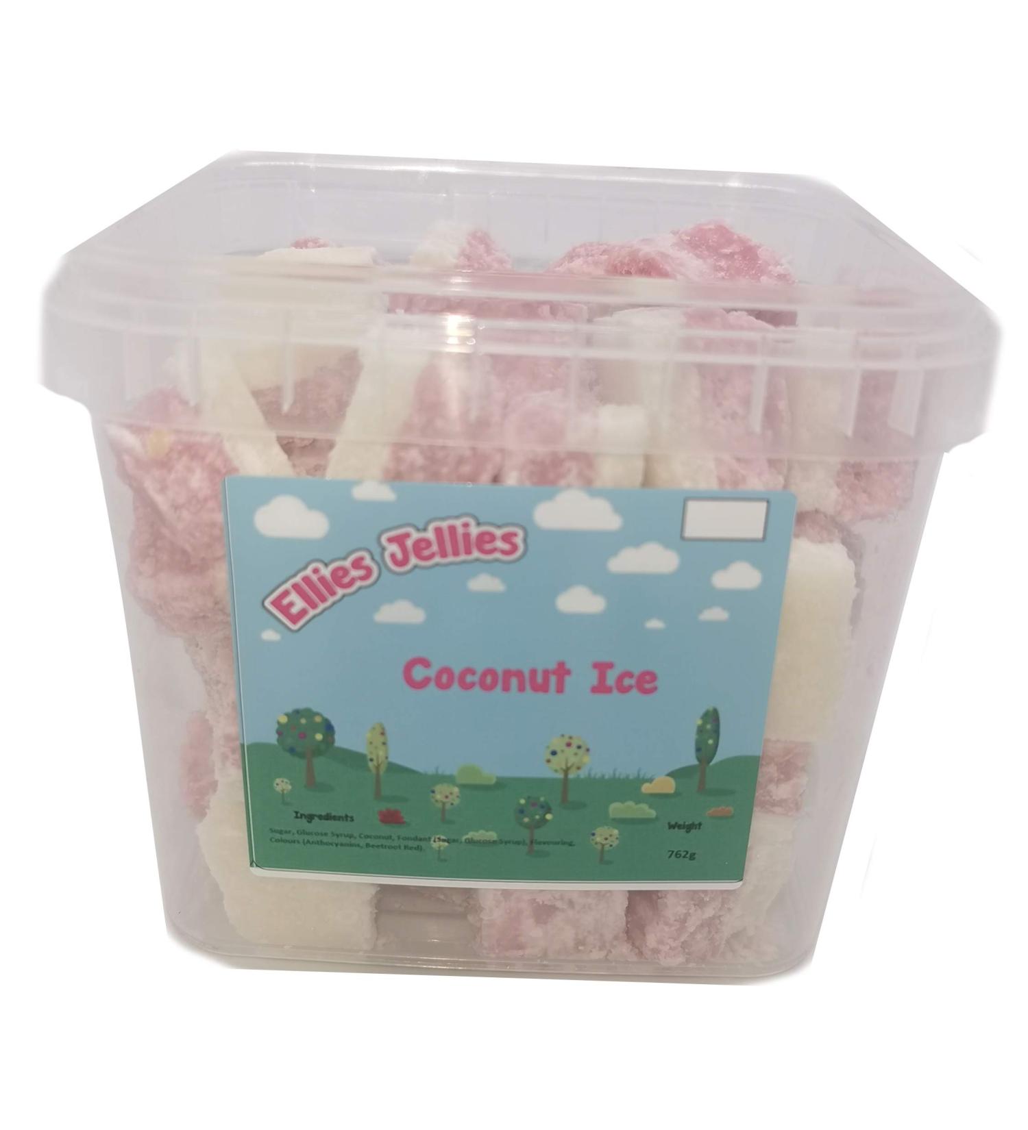 Ellies Jellies Coconut Ice 600g Tub Crumbly Pink & White Fruit Flavoured Coconut Square