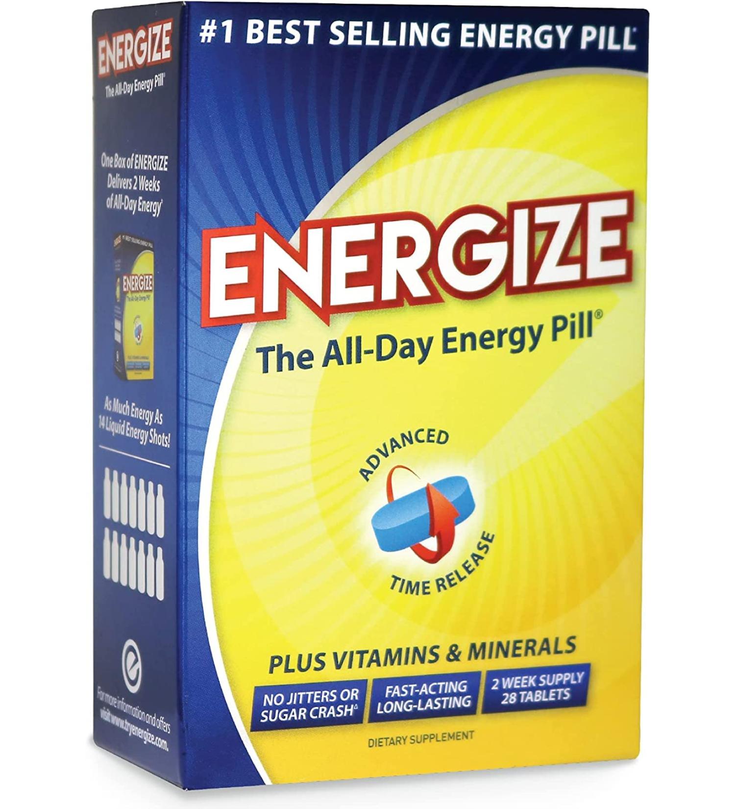 Energize Caffeine Pills - Fast Acting Energy Supplement for Focus & Clarity | All-Day Energy No Jitters 28 Time Released Tablets - Buy Online on GoSupps.com