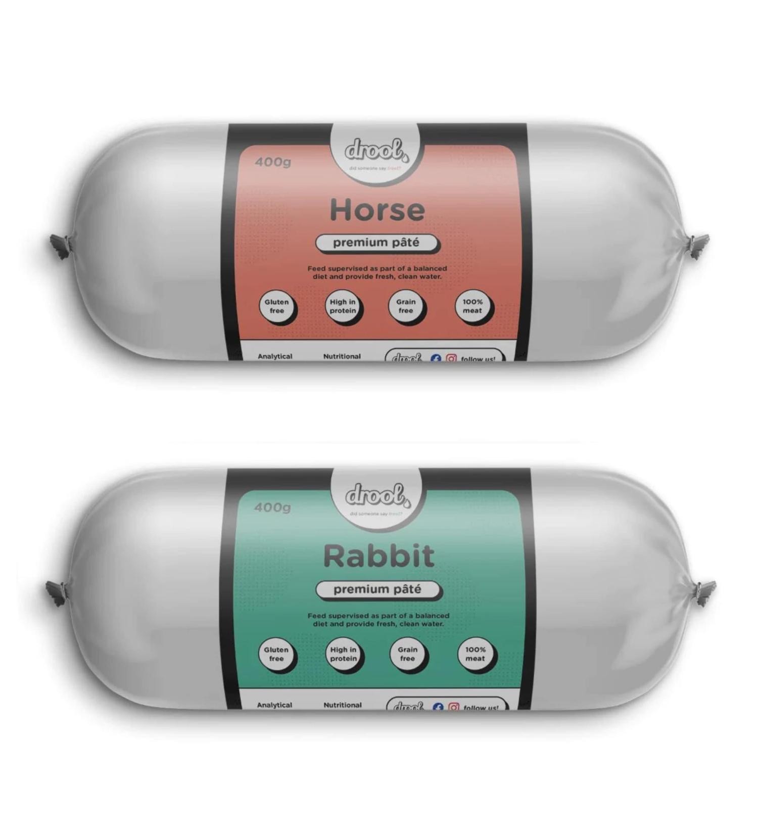 Drool Pet Products Dog Food Pate Twin pack | 2 x 400g Premium Pate | Dog Pate Tube 1 x Horse Pate 1 x Rabbit Pate - Buy Online on GoSupps.com