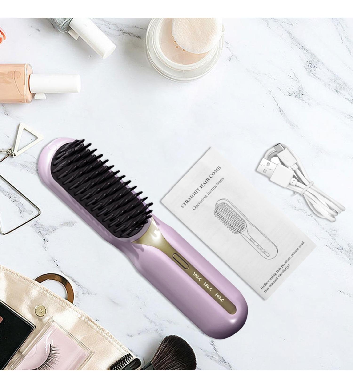 Cordless Hair Straightener Brush | Portable Ionic Straightening Comb with 3 Heating Settings | Perfect for Home Salon & Travel - Pink - Buy Online on GoSupps.com