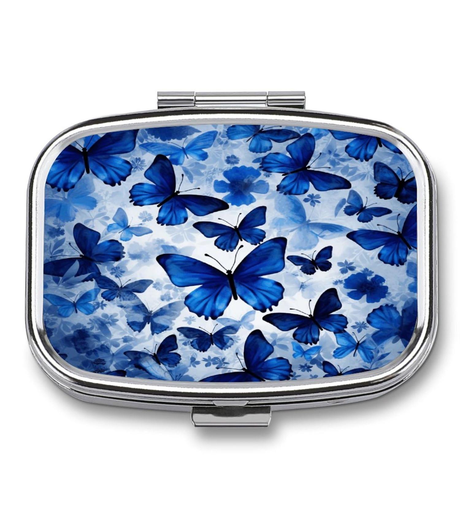 Blue Butterflies Pill Box - Decorative 2 Compartment Medicine Organizer for Pocket or Purse - Buy Online on GoSupps.com