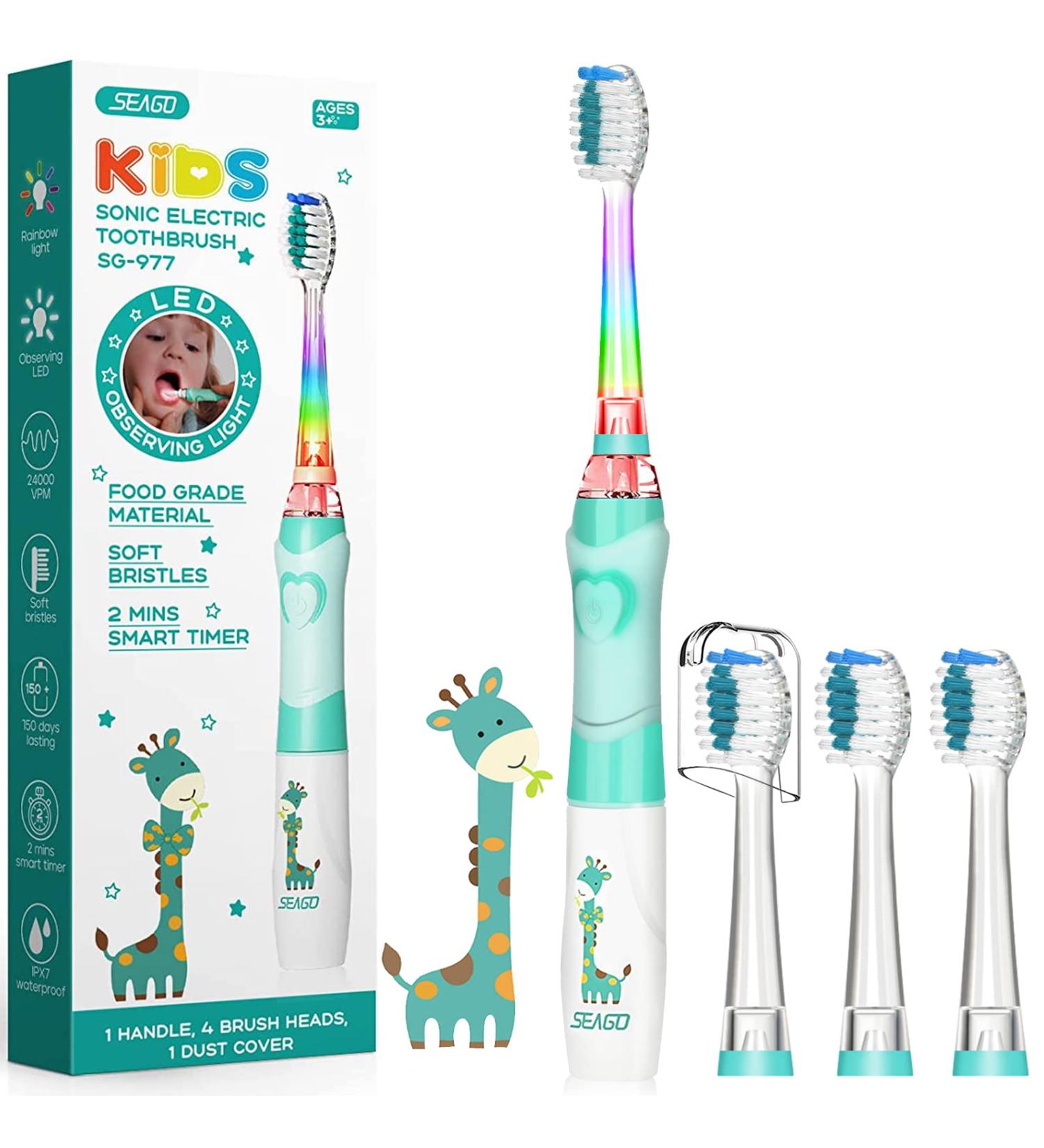 Seago SG-977 Electric Toothbrush for Kids (3-12 Years) - Waterproof Smart Timer 4 Soft Brush Heads Colorful Light - Perfect for Boys & Girls - Buy Online on GoSupps.com