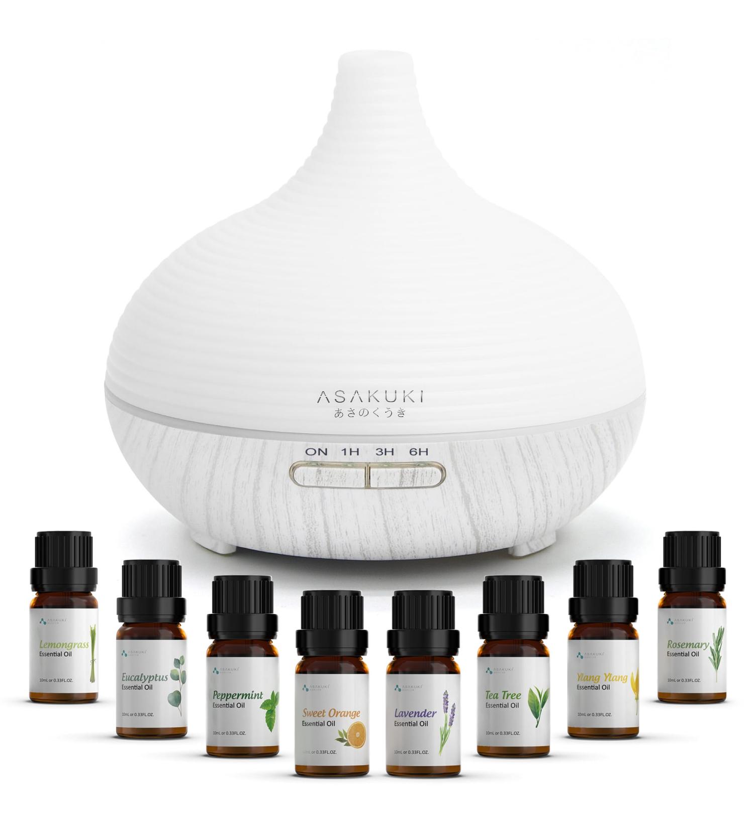 Asakuki Aroma Diffuser & 300ml Ultrasonic Humidifier with Essential Oils Set - 14-Color LED 23dB Ultra-Quiet for Yoga Spa & Home - Buy Online on GoSupps.com