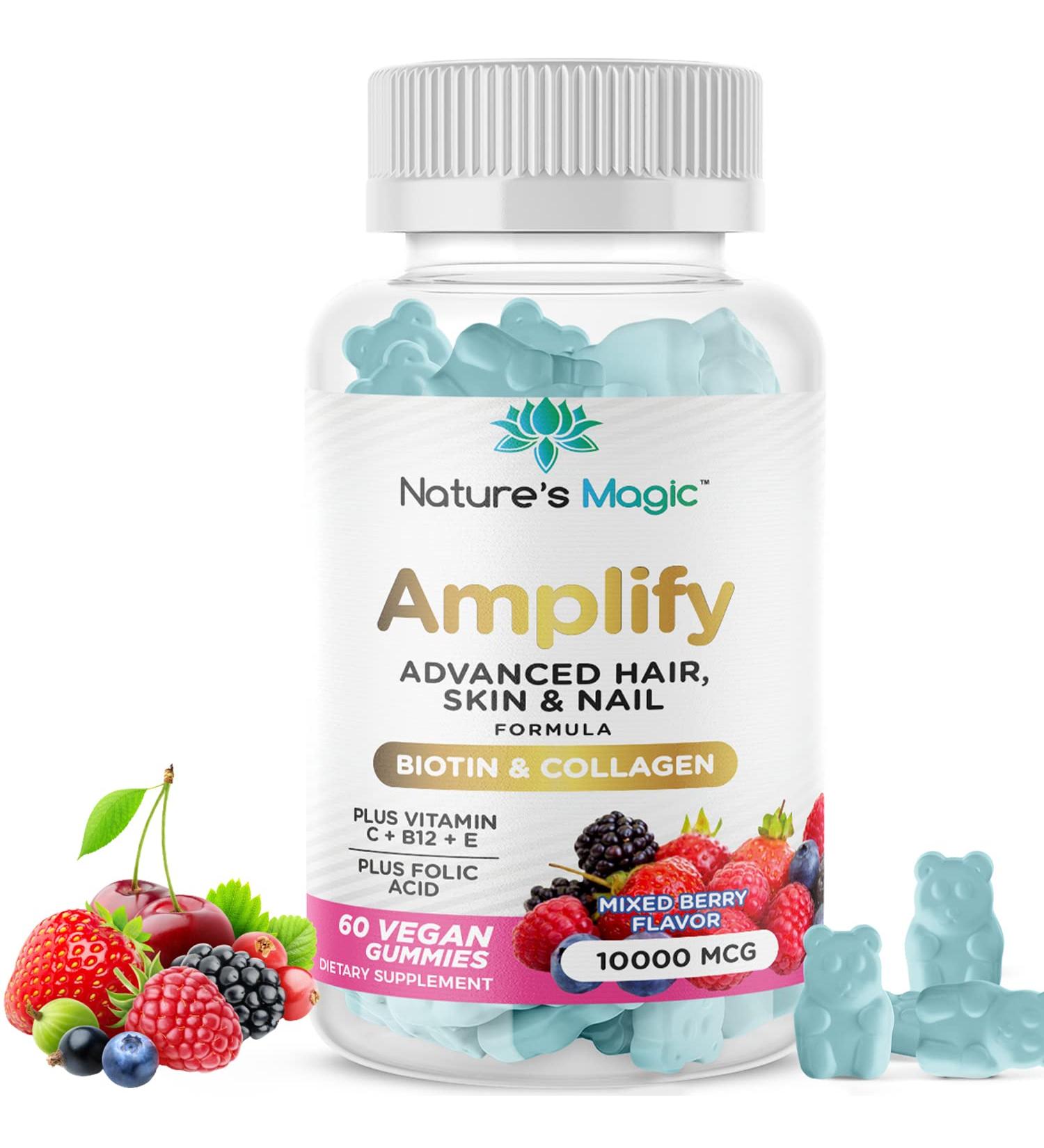 Amplify Advanced Hair Skin & Nail Formula | 10,000 MCG Vegan Gummies | Biotin, Collagen, Vitamin C, E, B-12, Folic Acid - Buy Online on GoSupps.com