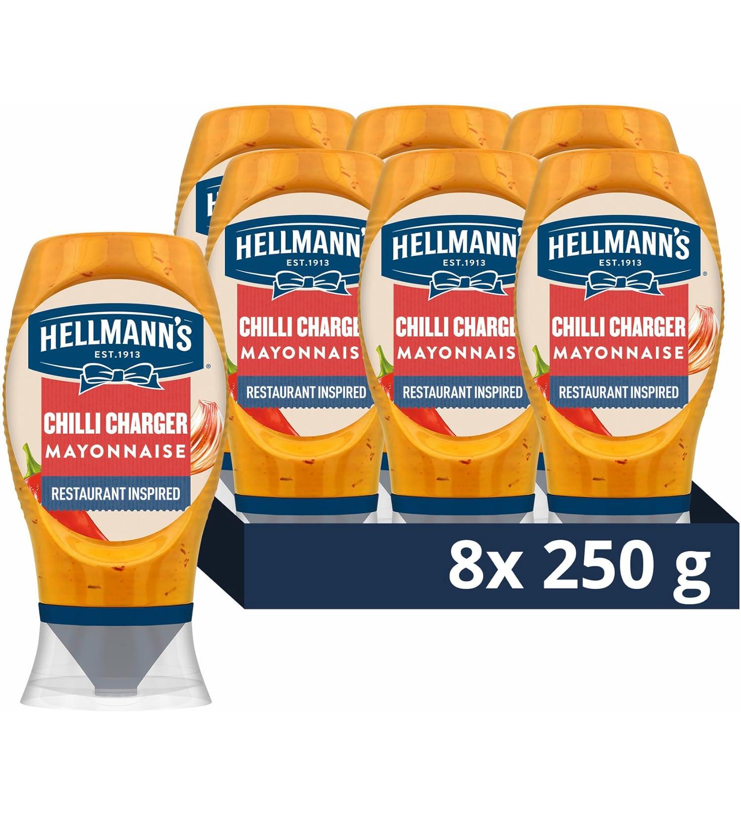 Hellmann's Chilli Charger Squeezy Mayonnaise 100% recycled plastic bottle ideal spicy condiment for sandwiches and wraps 8x 250 g - Buy Online on GoSupps.com